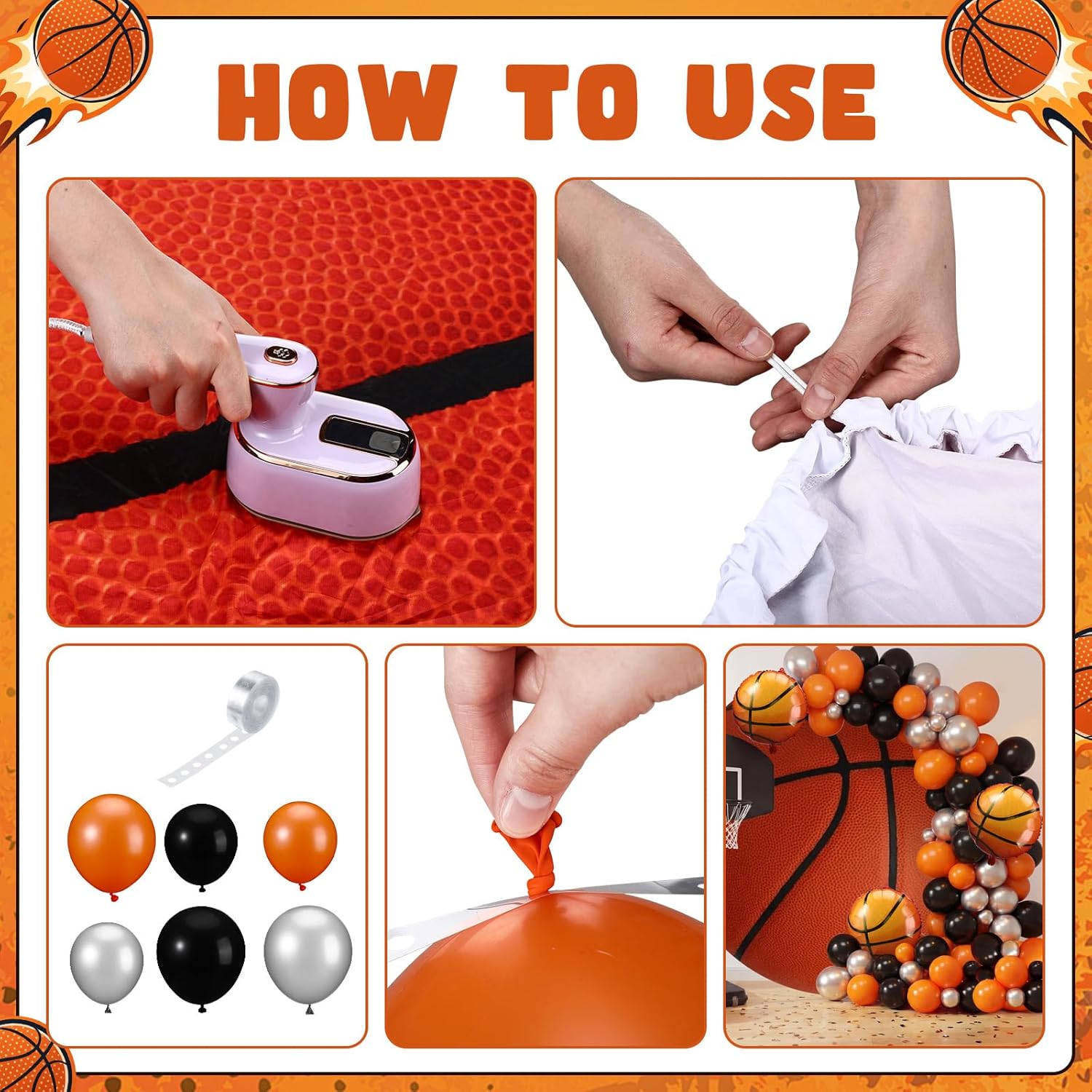 99 Pcs Basketball Party Decorations 6.5ft Basketball Backdrop Balloons Garland Kit Orange Black Silver Balloons for Sports Theme Birthday Party Decorations