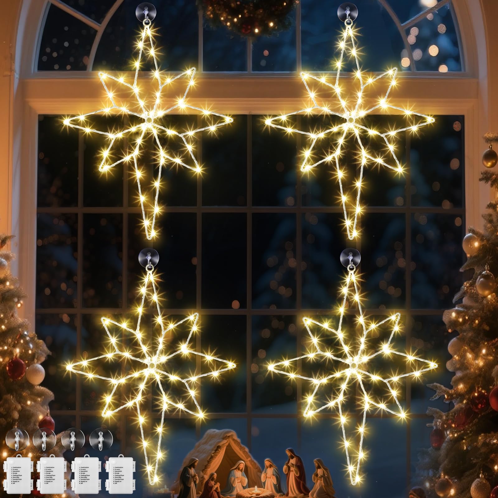 Photo 1 of 1 Pack 16 Large Christmas Window Light Decorations, LED Bethlehem Christmas Star Window Silhouette Lights with Timer, 8 Models, Iron Frame, Battery Operated Lighted Xmas Star Decors (Warm White)