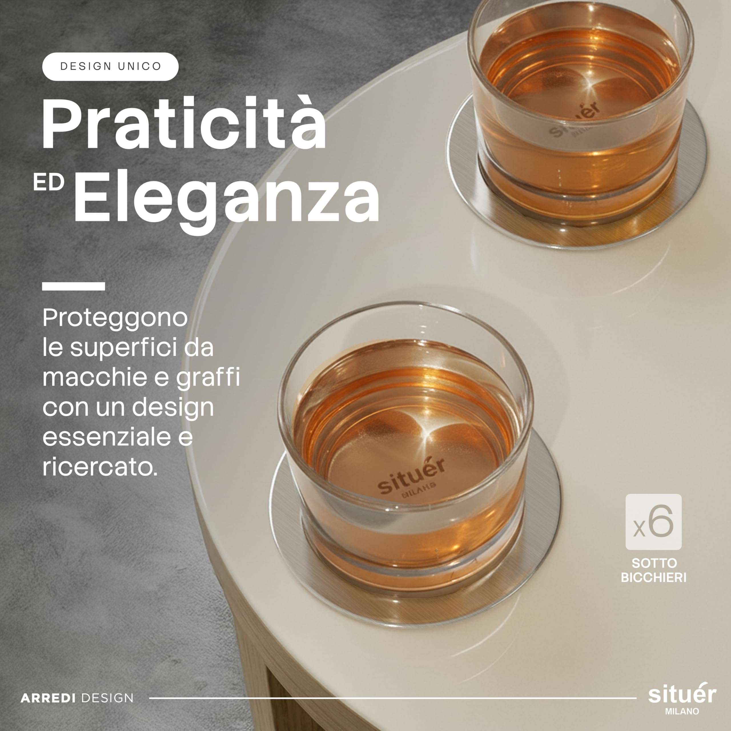 Situér Milano 6 Sottobicchieri Eleganti Rotondi in Metallo Zincato di Diametro 10 cm Made in Italy - Accessori Raffinati per la Casa, Proteggono il Tavolo da Macchie e Graffi