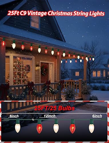 Miniatura 2 de Luces de Navidad C9 rojas y blancas de 25 pies, cadena de luces de Navidad C9 impermeables con 26 bombillas rojas y blancas, luces de Navidad