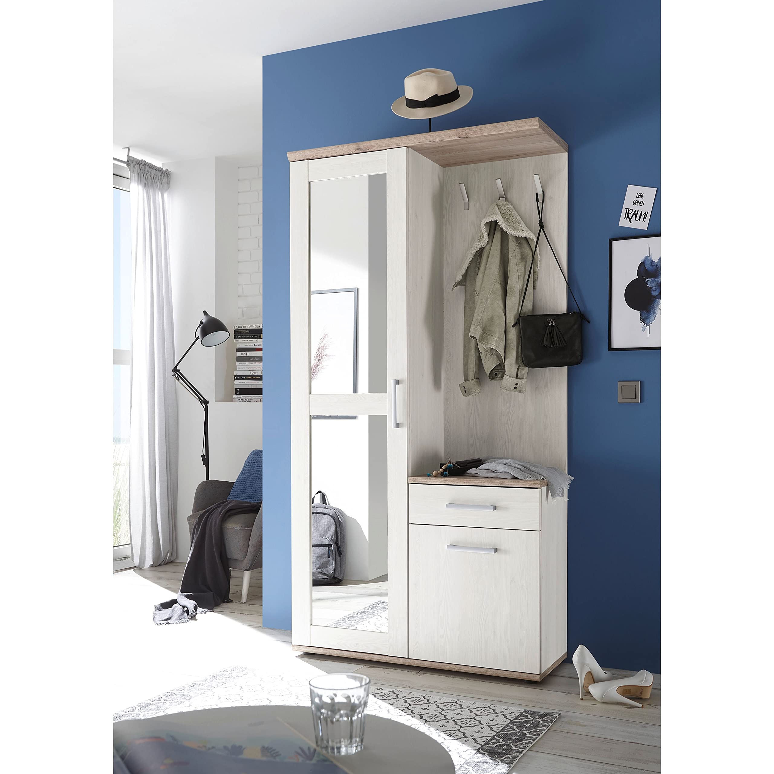 Stella Trading Romance, Set da corridoio in Stile, Elegante Appendiabiti Compatto con Specchio per Il Vostro Ingresso, larice Sibiu/Rovere San Remo, 100 x 191 x 38 cm