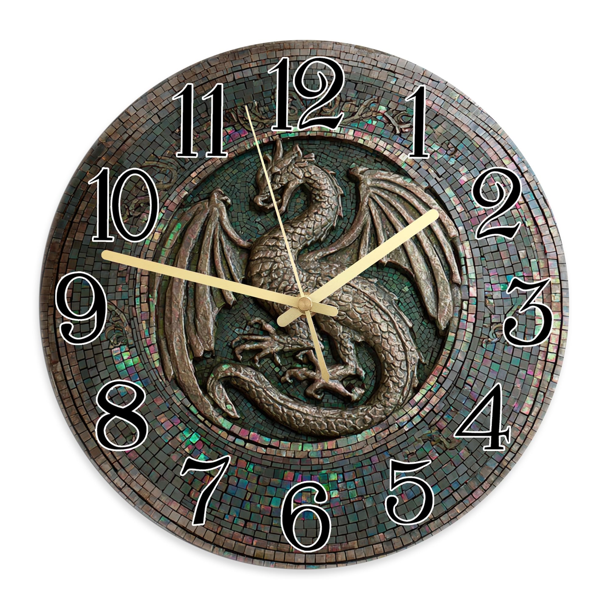 Dragon Wall Clock, Fantasy Artistic Mosaic Numbers Fantasy Green Analog Wall Clock for Garage Game Room Outdoor Decoration 11.6x11.6 Inches