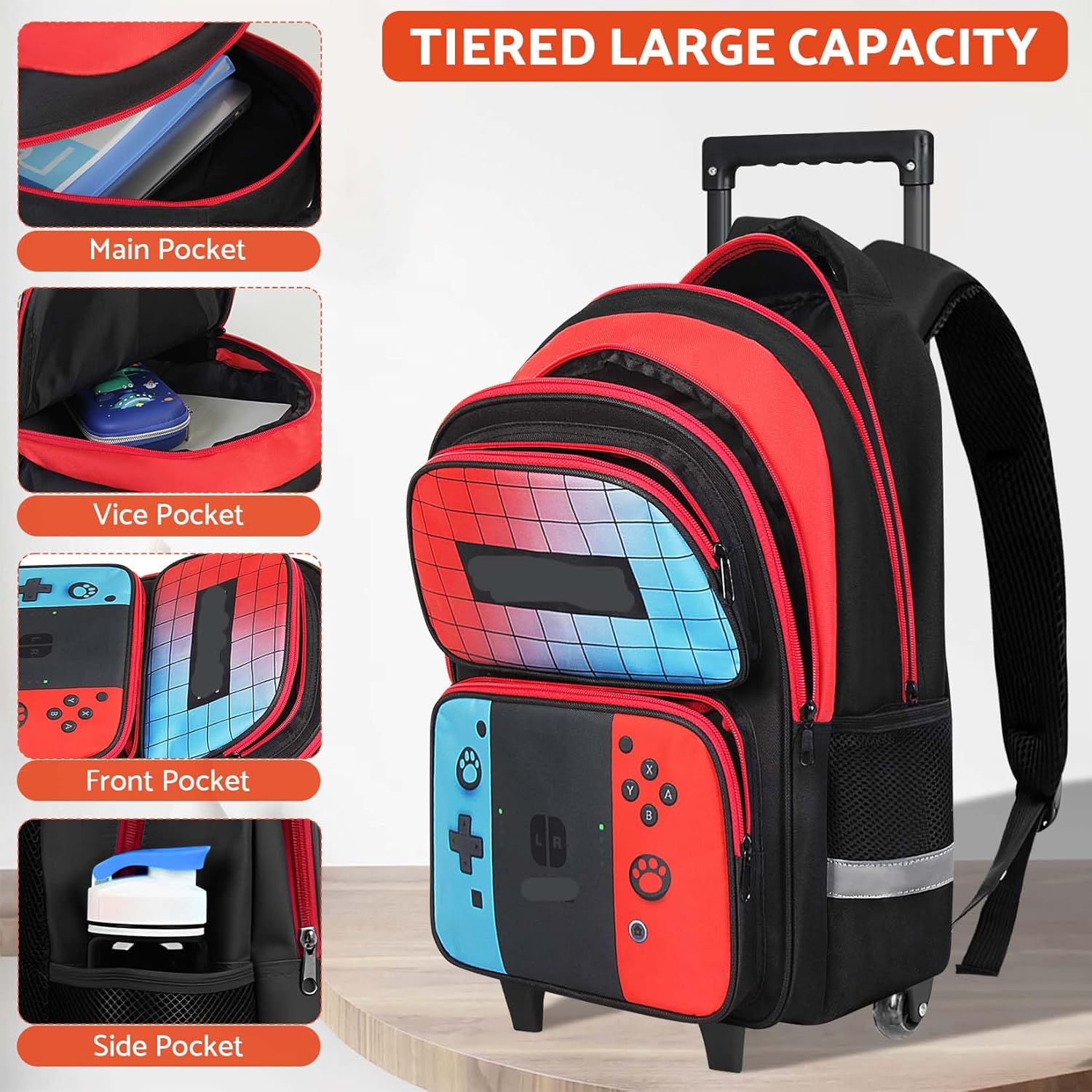 Gamer Rolling Backpack for Boys - 3PCS Boys Rolling Backpack With Lunch Box and Pencil Case for Kids Children Teens Elementary Middle School,HFHTDC Roller Bookbag With Wheels for Aged 6-18 - Image 4