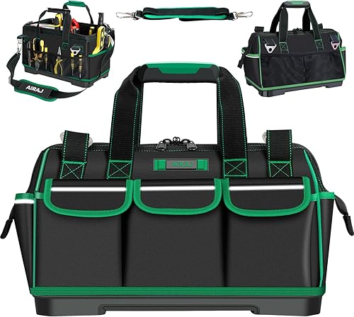 AIRAJ Bolsas de herramientas de 16 pulgadas para hombres resistentes, bolsa de almacenamiento de herramientas de boca ancha con 16 bolsillos y base