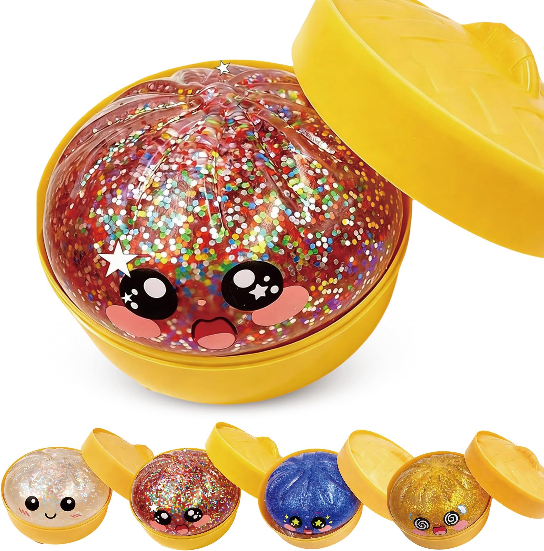 Glitter Dumpling Squishy - Dumpling Squishy with Box, Stress Relief Fidget, Soft Squeeze Decompression Dough (Glitter RED)