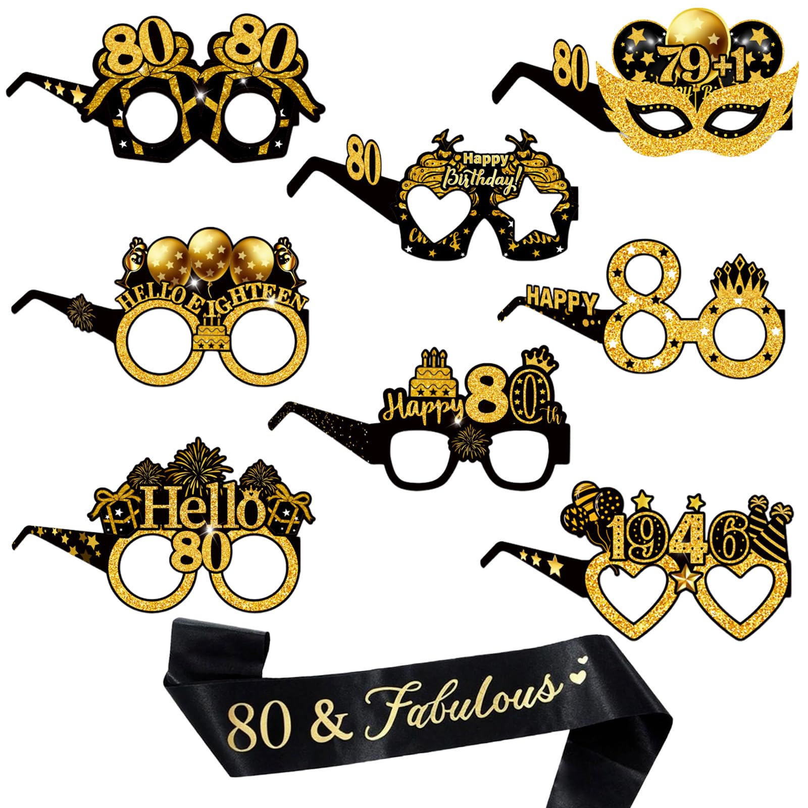 80th Birthday Party Glasses, 16PCS Party Eyeglasses+1 Sash Black, 80th Birthday Decorations Supplies Photo Booth Props for Men & Women