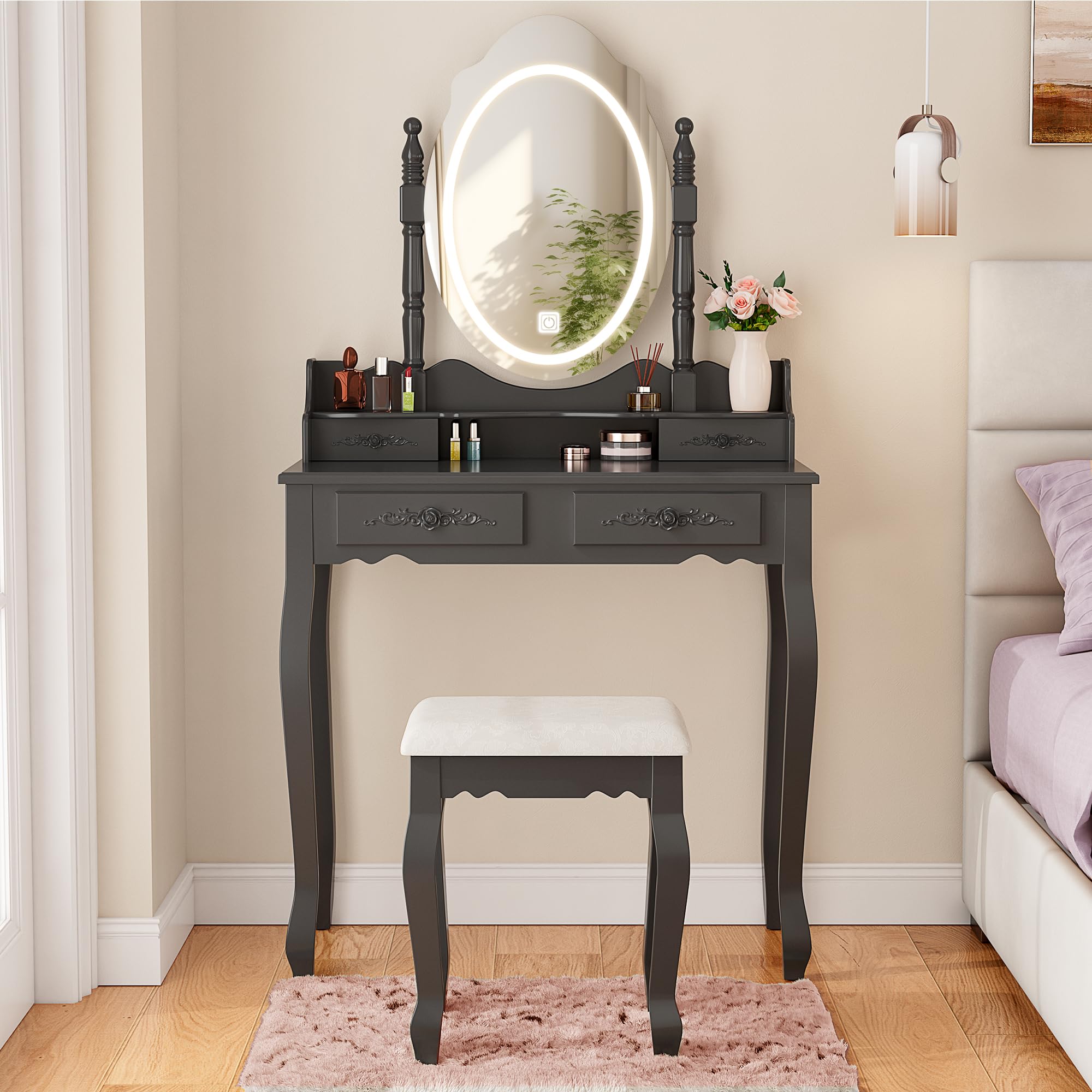 Vanity Desk with LED Lighted Mirror & 4 Drawers, Makeup Vanity Table with Cushion Stool, 3 Color Modes & Adjustable Brightness Dressing Table, for