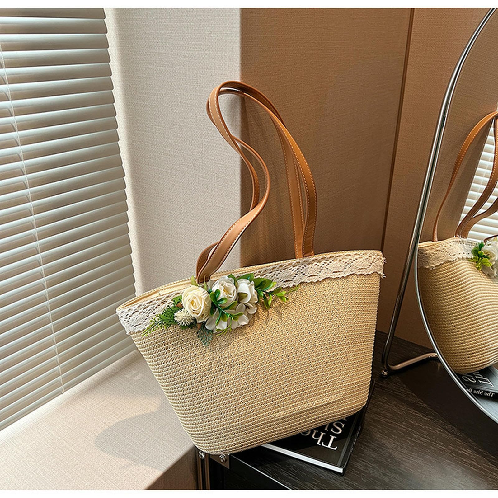 Strohtasche Damen Strohbeutel Frauen Sommerstrandtasche Große Kapazität Strohtasche Mit Zipper Beach Totes Gewebte Umhängetasche-beige