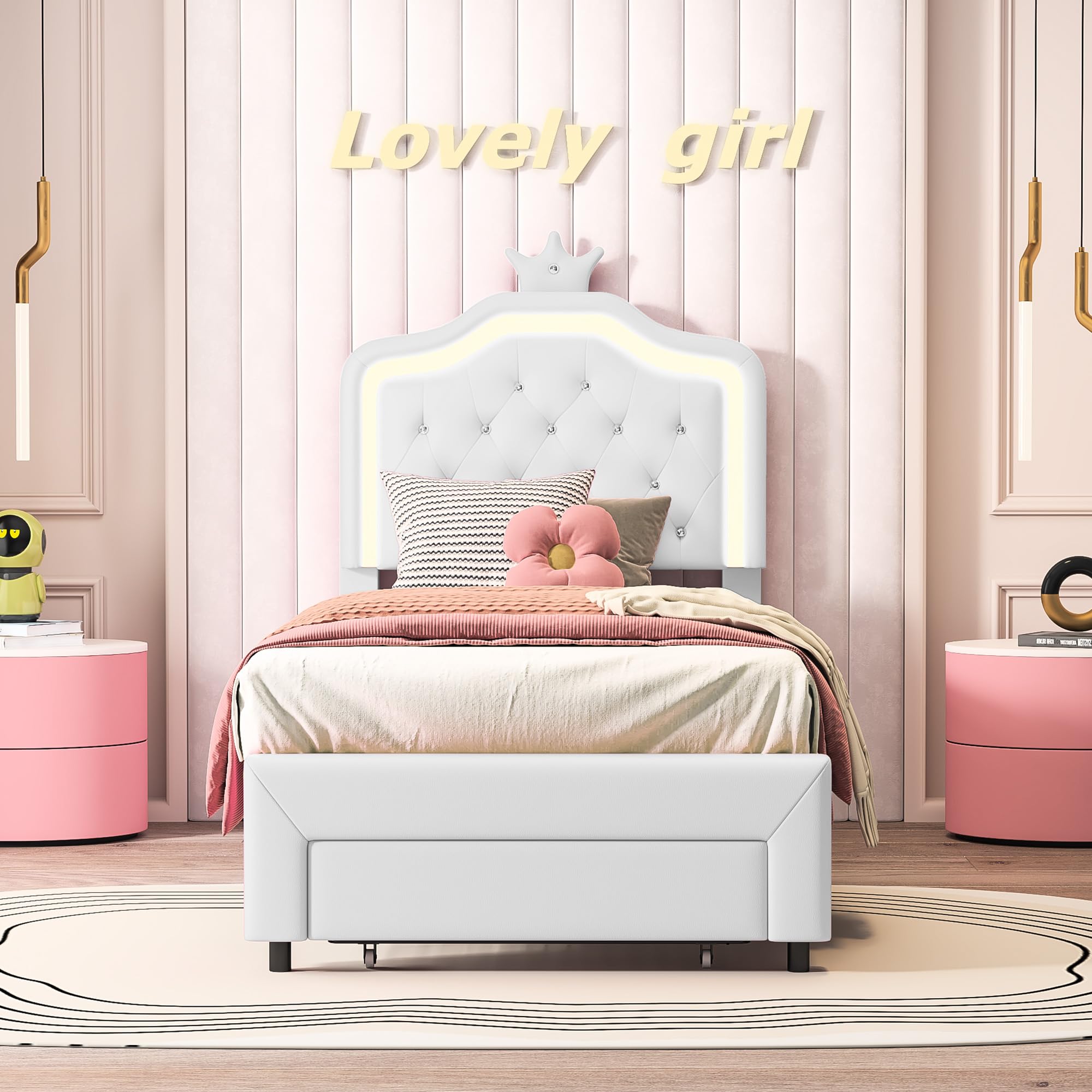 Cama Infantil 90x200 cm, Cama de Princesa con cabecero LED Corona, Camas Individuales Acolchadas con Somier de Láminas, Estructura de Cama para Niña con cajón, Camas de 1 Plaza para Niña