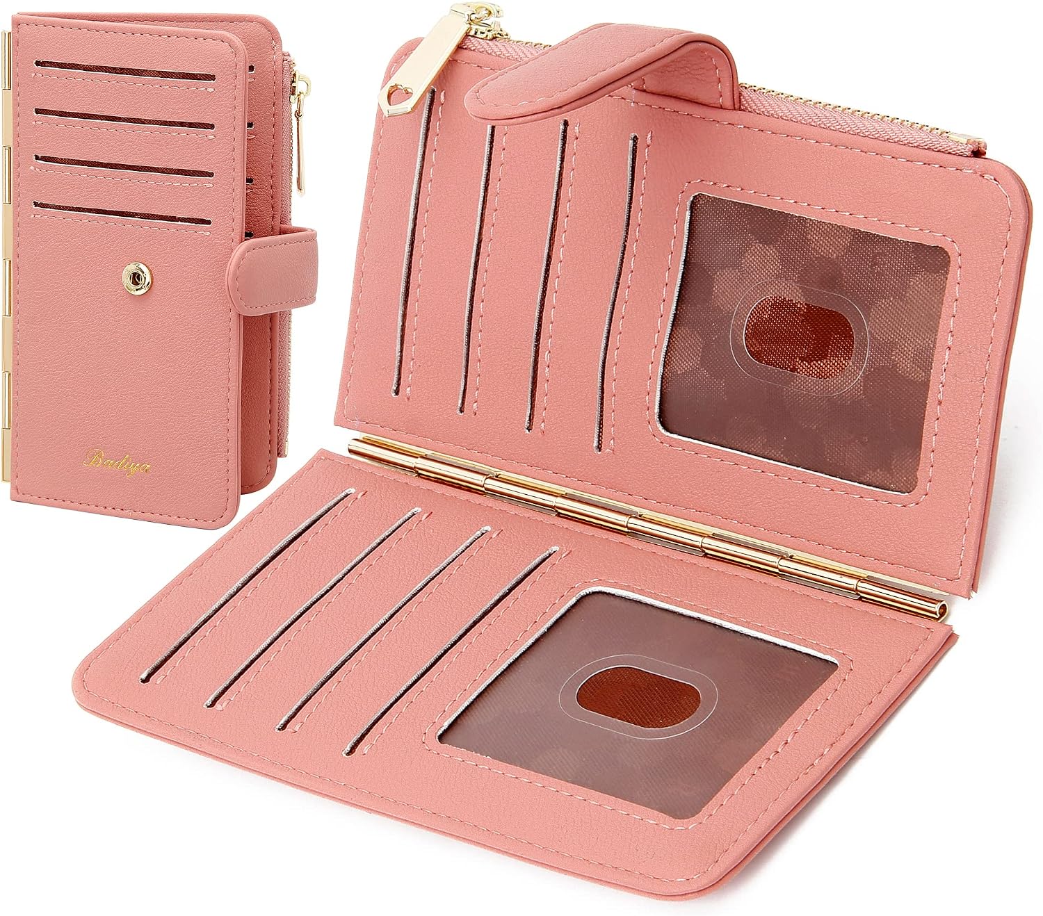 Badiya Credit Card Holder for Women RFID Blocking Slim Wallet Bifold Multi Card Case Zipper Pocket with 3 ID Window