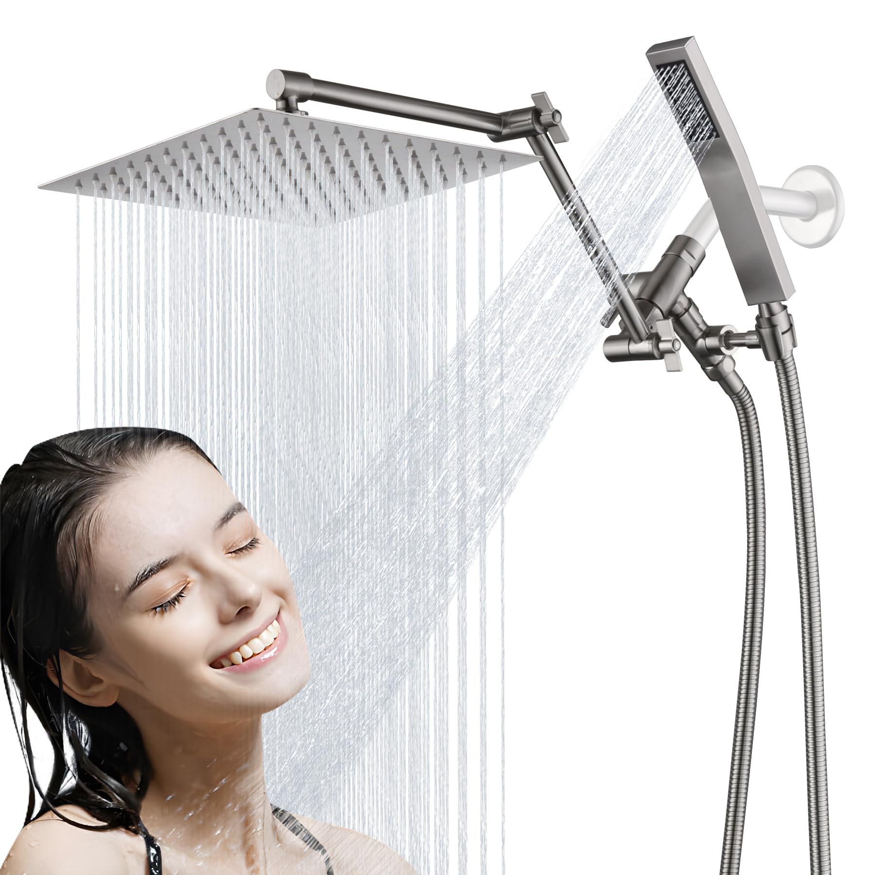 Photo 1 of ***HEAD ONLY*** All Metal Square Shower Heads with Handheld Spray Combo, 10” Rainshower Head With 3-Way Diverter, High Pressure Rainfall Shower Head with Flexible Extension Arm(Brushed Nickel) By Cuzobro Brushed Nickel-2-10inch