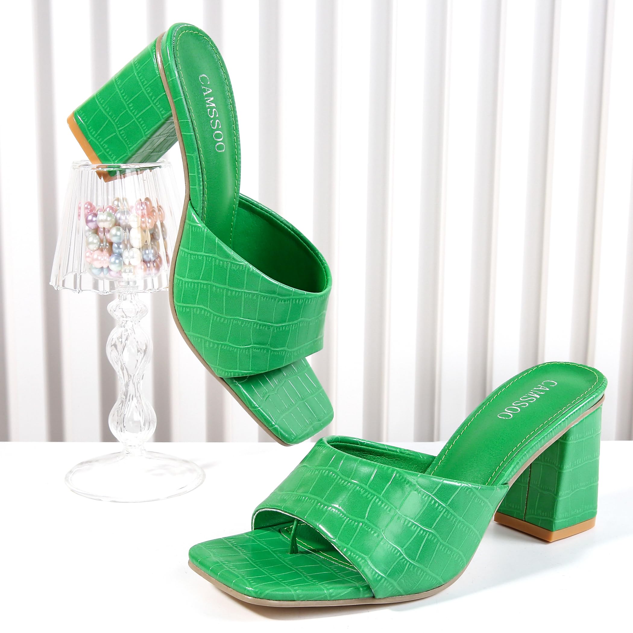 CAMSSOO Women's Square Open Toe Heeled Mules Flip Flops Chunky Heels Slip On Sandals Block High Heel Fashion Wedding Dress Shoes