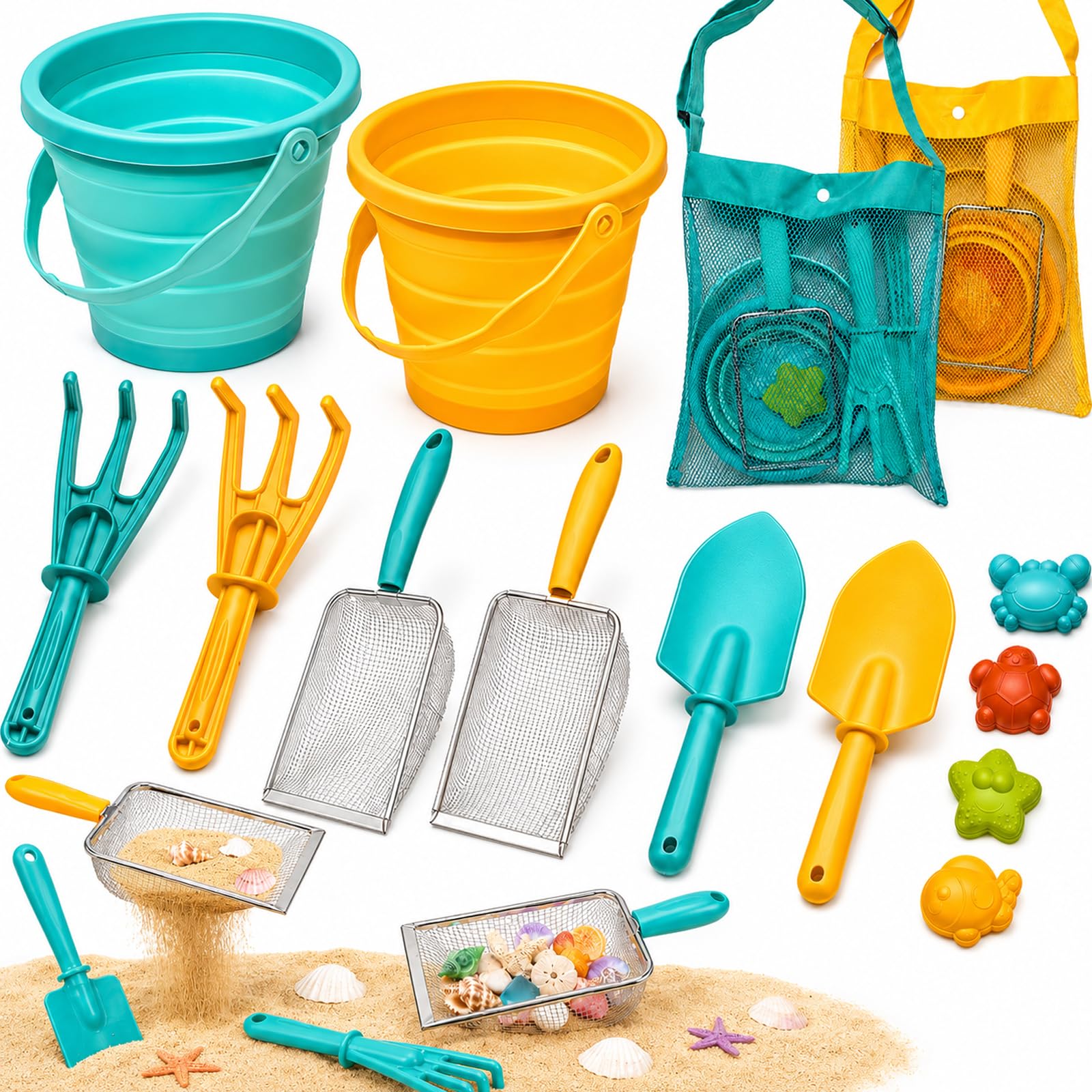 Sandspielzeug Kinder Strandspielzeug Set mit 2 faltbaren Eimern, Schaufel, Rechen, Sandsieb & Netzbeutel, 14-teiliges Sandkasten Spielzeug für Strand, Garten & Urlaub ab 3 Jahren