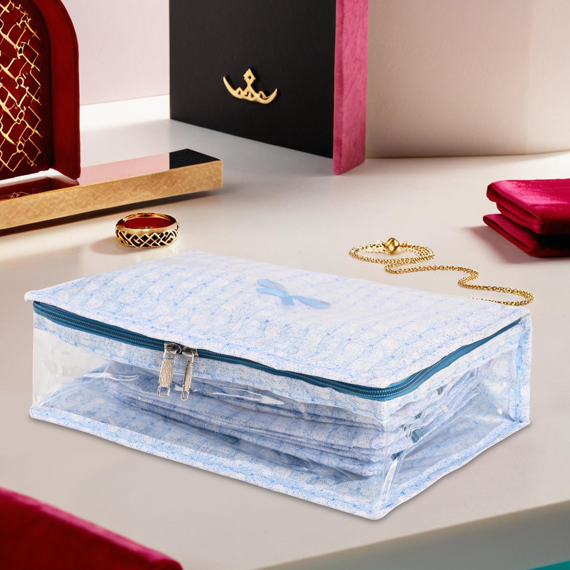 Kuber Industries PVC Makeup Pouch Bag with 13 Compartment | Jewellery Organisers Pouch for Storage Earrings, Rings and Bracelets | Check Laminated Design - Blue