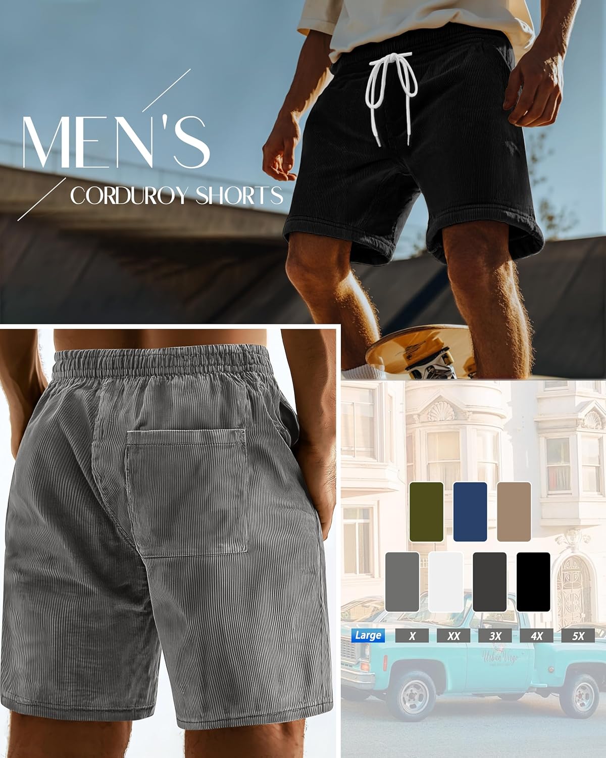Riyiper 3 Pack Men's Corduroy Shorts L-5XL Big and Tall Drawstring Elastic Waist Pockets Loose Fit Casual Summer - Image 3