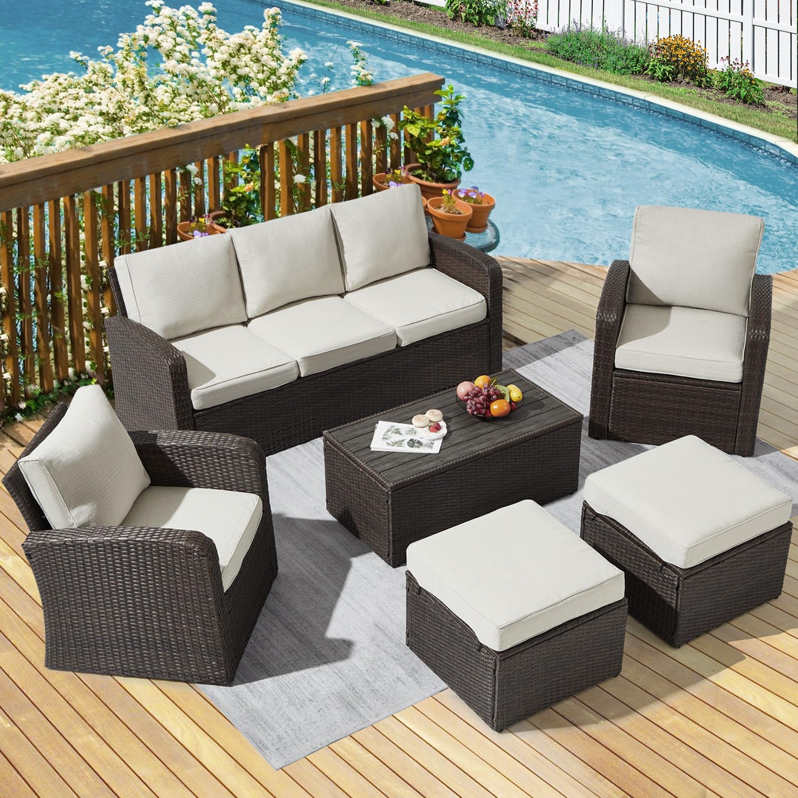 Yalissey6 Pieces Patio Furniture Sets w/Cushions and Coffee Table, All Weather Wicker Outdoor Patio Conversation Sets w/Comfy Armrest,Patio Sectional Sofa Sets for Garden,Poolside,Backyard,Brown