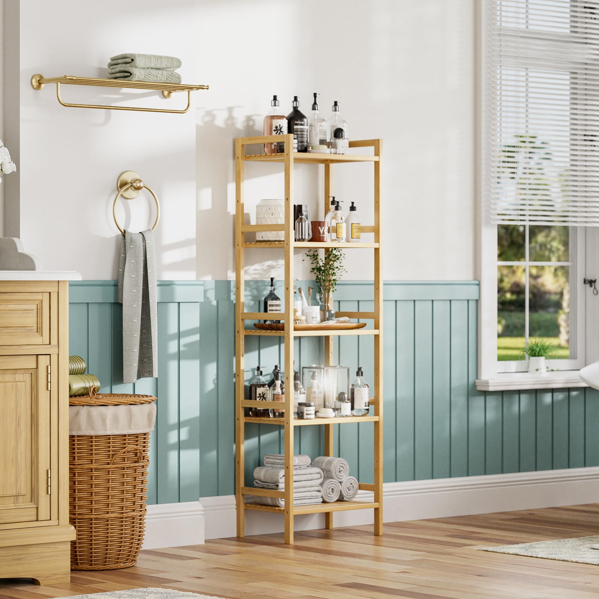 HITNET 5-stöckiges Bambus-Bücherregal - Hohes schmales Regal mit verstellbaren Böden, Freistehendes Aufbewahrungsregal für Wohnzimmer, Badezimmer & Küche, Naturfinish