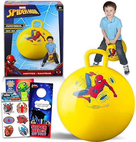 Marvel Paquete de bolas de tolva de Spiderman, incluye bola de tolva de 15 pulgadas, más de 300 calcomanías de Spiderman y colgador de puerta