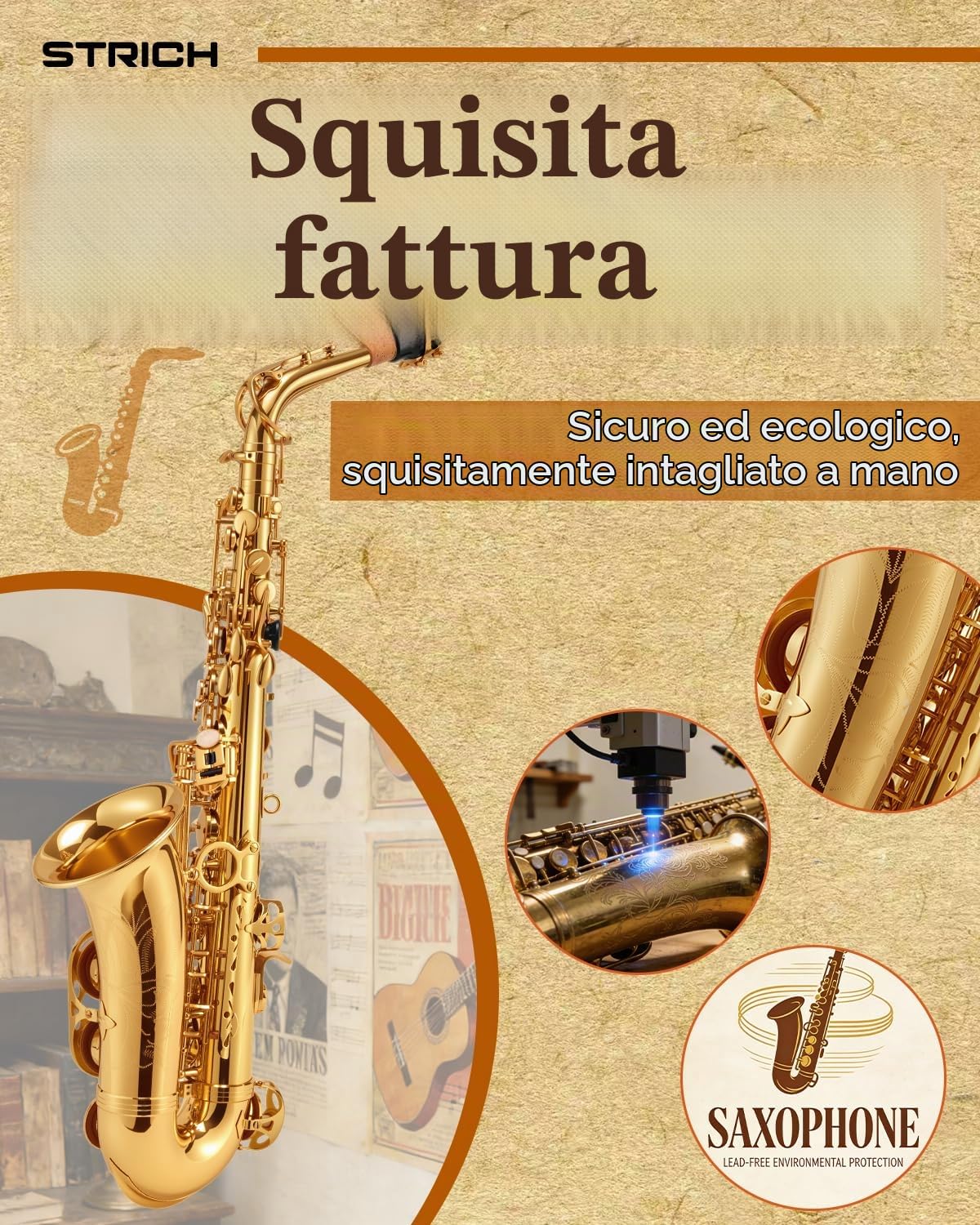 STRICH Kit per sassofono contralto in ottone per principianti, con tracolla, bocchino e ance, ideale per la banda scolastica e lo studio a casa, SAS-130G, dorato