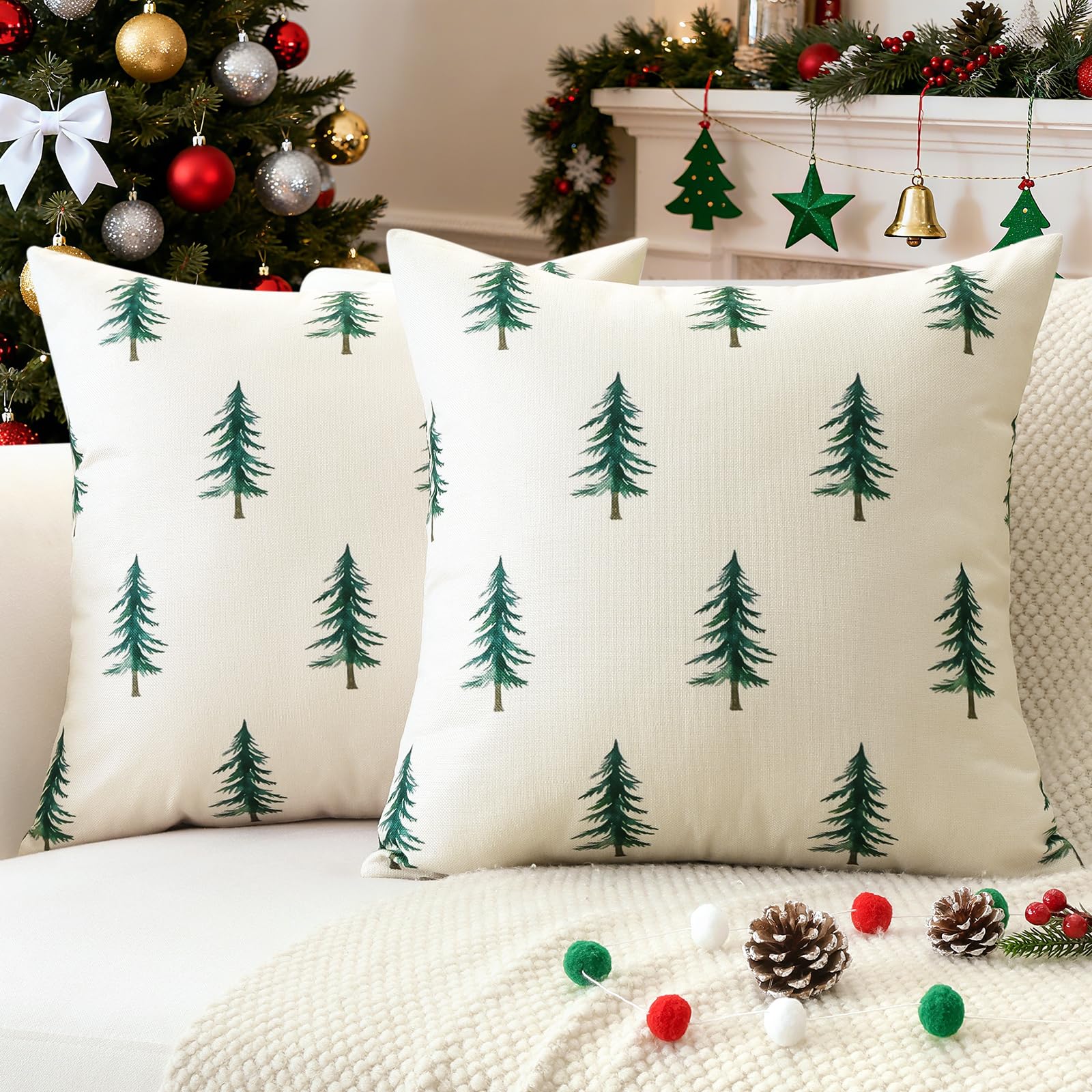 JOTOM Christmas Cushion Covers 50x50 cm Set of 2 Christmas Tree Decorative Double Sided Printed Throw Pillow Covers 20x20 Inch Sofa Winter Holiday Cushion Cases for Home Couch Bed Decor (Green) — image 1
