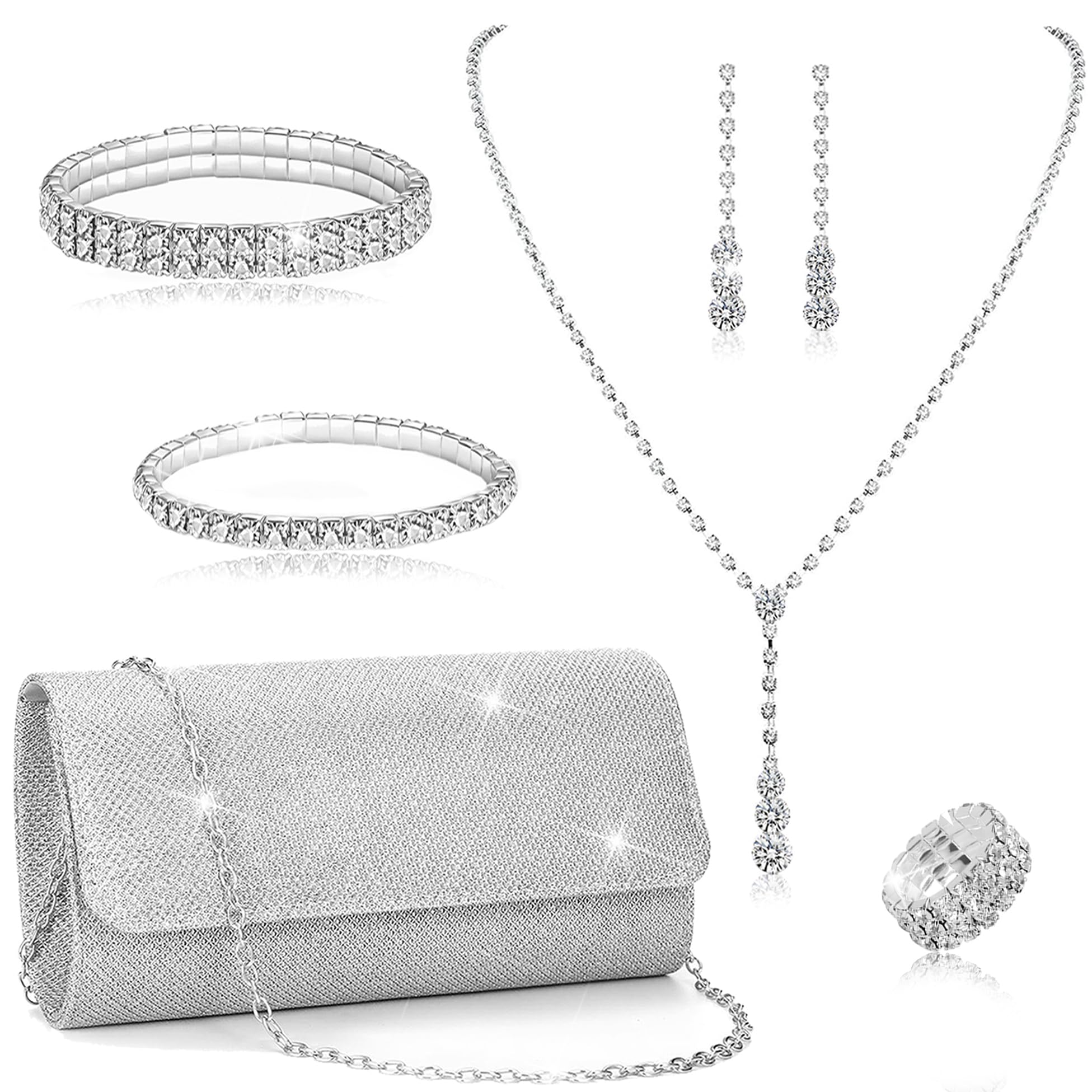 EIELO Purse Rhinestone Bridal Jewelry Sets for Women Clutch Purse Necklace Earrings Bracelet Jewelry Sets for Wedding Bridal Bridesmaid Gifts Evening