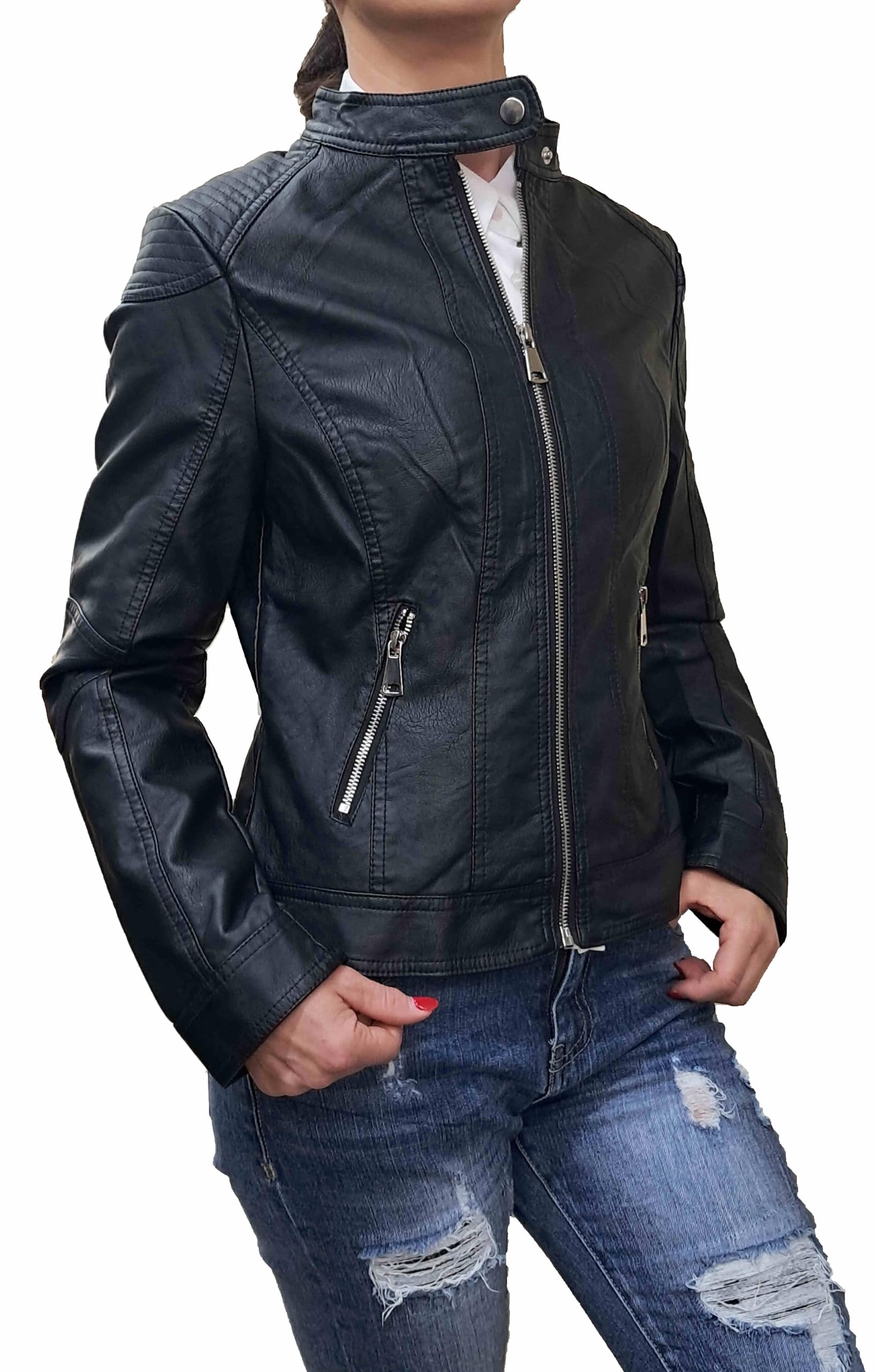 Fantasy Chiodo Giacca Giacchetto Giubbino Giubbotto Corto Slim Avvitato Aderente Finta Pelle Ecopelle Skin Donna Ragazza