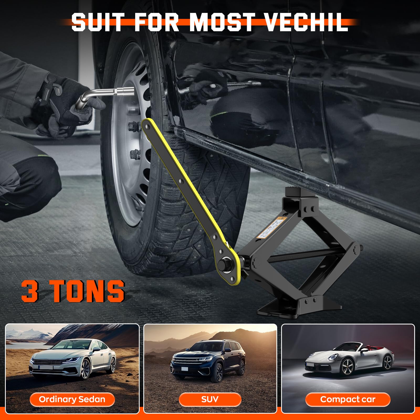 IMAYCC Cric Per Auto 3T,3000Kg Portatile Cric Auto Universale con Chiave a Cricchetto,Altezza massima fino a 41 cm,Cric a Forbice Kit Emergenza Autoper Berline SUV
