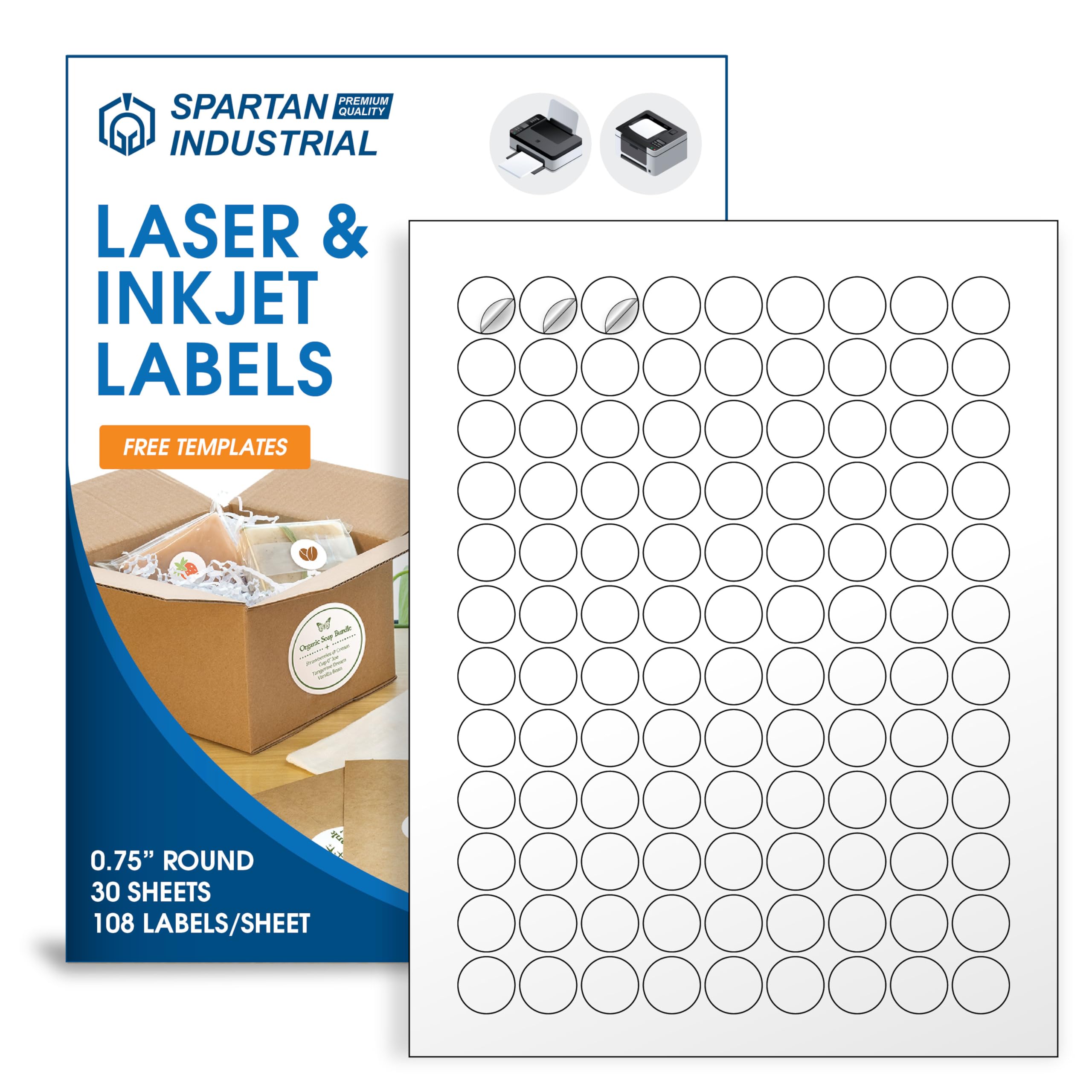 0.75" Circle Printable Labels Compatible with Inkjet and Laser Printers - 30 Sheets, 3240 Matte White Round Stickers for Pricing, Product Labeling, and Custom Tags - Spartan Industrial