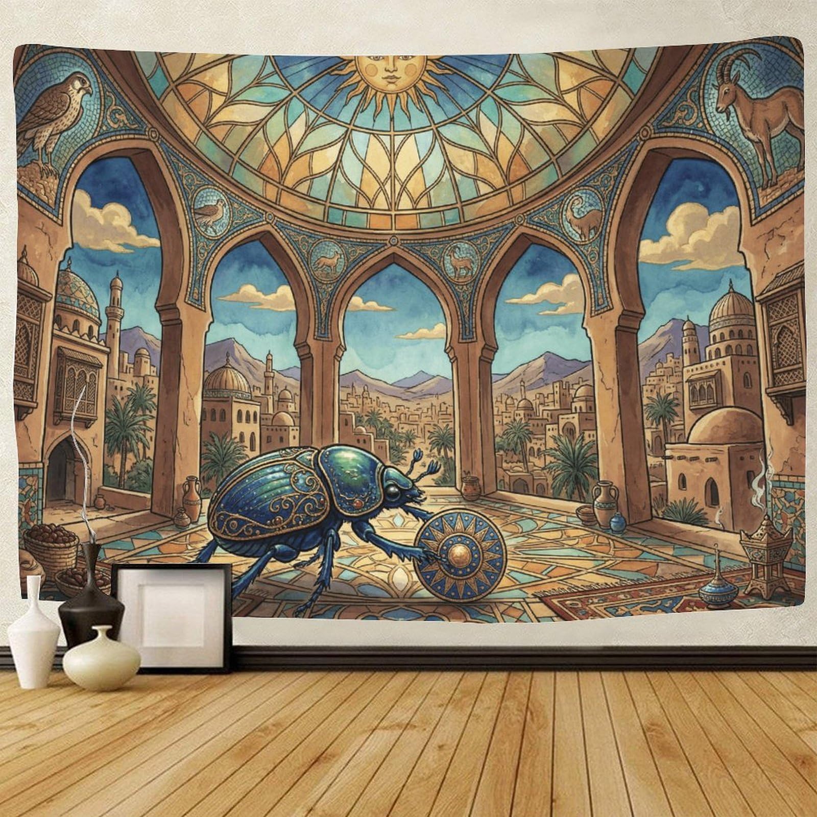GPMNBCXZK Egyptian Scarab 3D Printed Wall Art Bedroom Home Living Room Oriental Architecture Tapestry 180cmx230cm