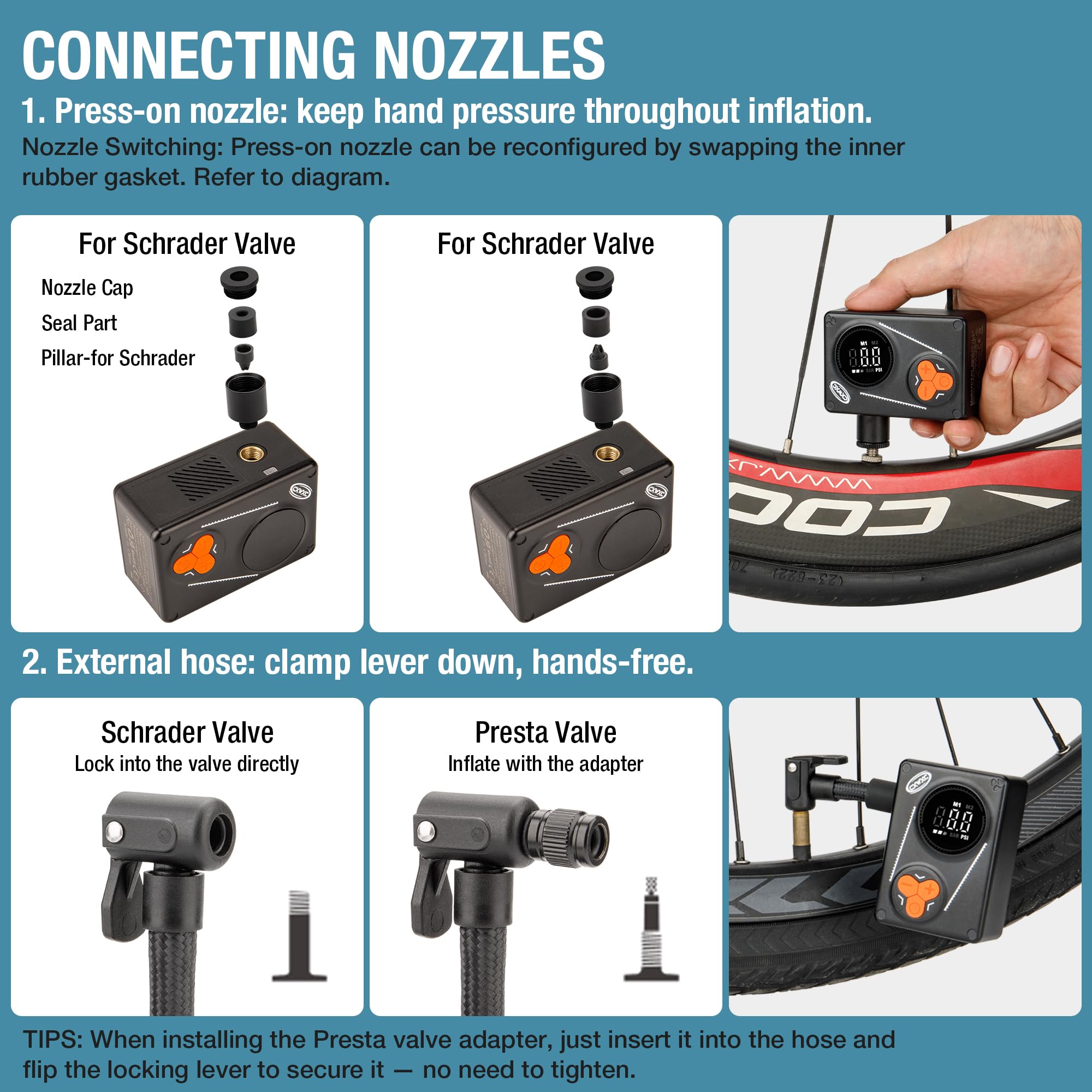 CXWXC Pompe à vélo électrique - Gonfleur de pneu 120 PSI avec manomètre numérique, arrêt automatique pour valves Presta et Schrader, convient pour vélos de route, VTT et vélos électriques