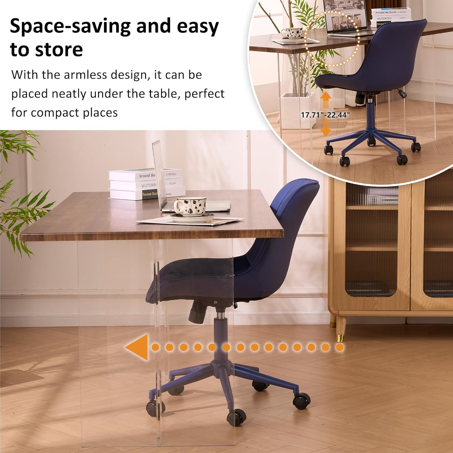 YOUNIKE Faux Leather Ergonomic Office Chair Armless Comfy Desk Chair with Rocking Back Cute Swivel Vanity Chair with Wheels Height Adjustable Small Computer Task Chair for Sewing Drafting Navy Blue
