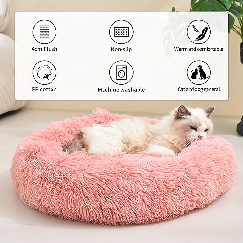 Miniatura 5 de Cama para gatos calmante suave para interiores, lavable, parte inferior antideslizante, acogedora felpa antiansiedad, esponjosa, 23.6 pulgadas, rosa