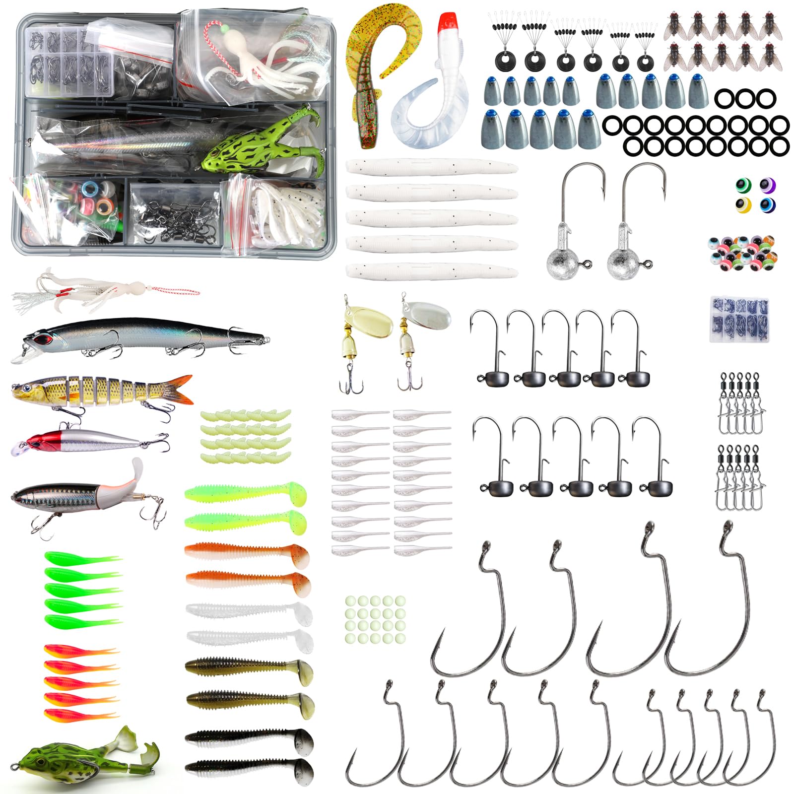 Señuelos de pesca, caja de aparejos de 306 piezas con aparejos incluidos, cebos, cuchara, ganchos, pesos y otros accesorios, kit de señuelo de pesca de lubina