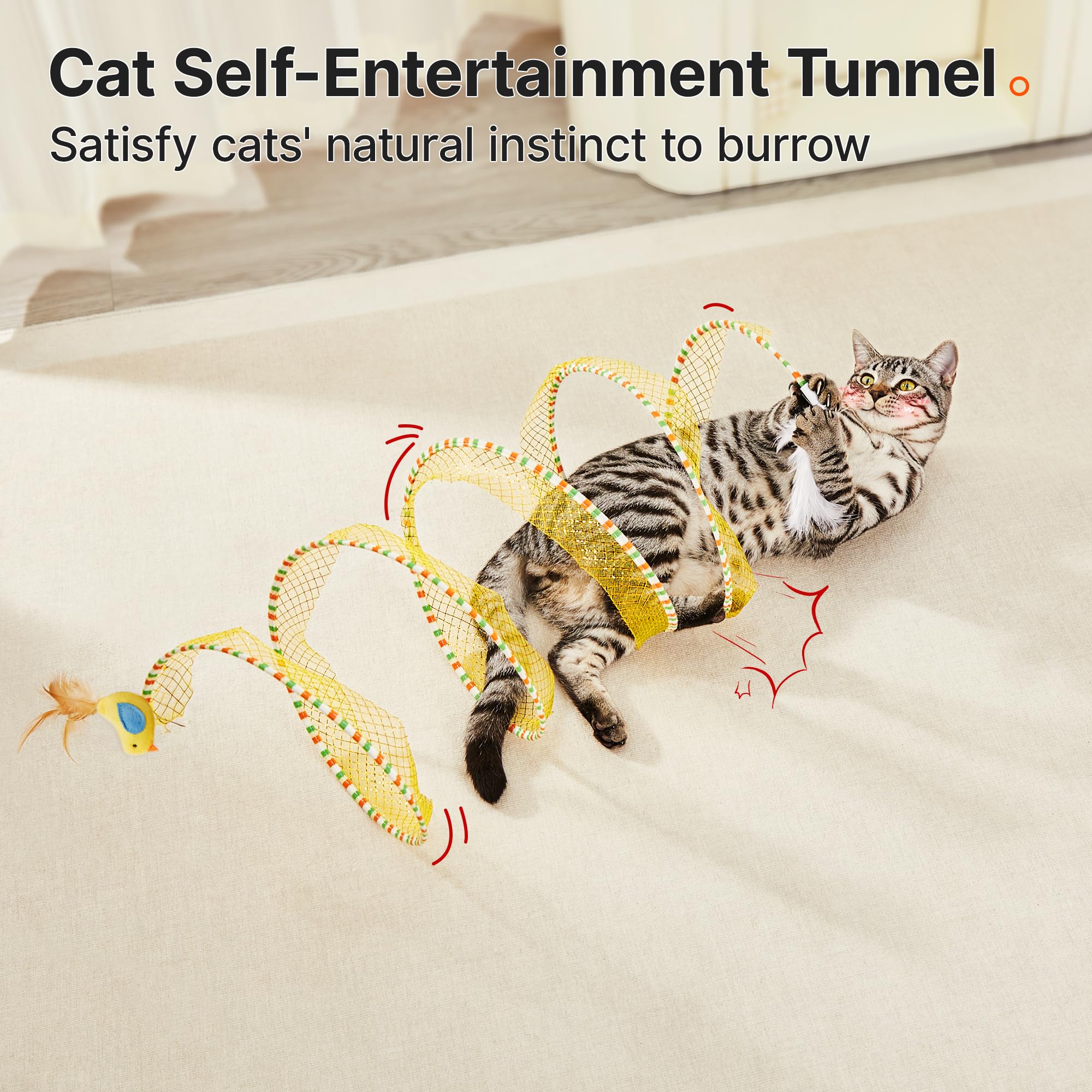 Potaroma Spiral Tunnel Cat Toy, Self Play Cat Play Spiral Kitten Collapsible Spring Tunnel Toy for Indoor Cats with Feather and Bell, 20 Inches Unfolded