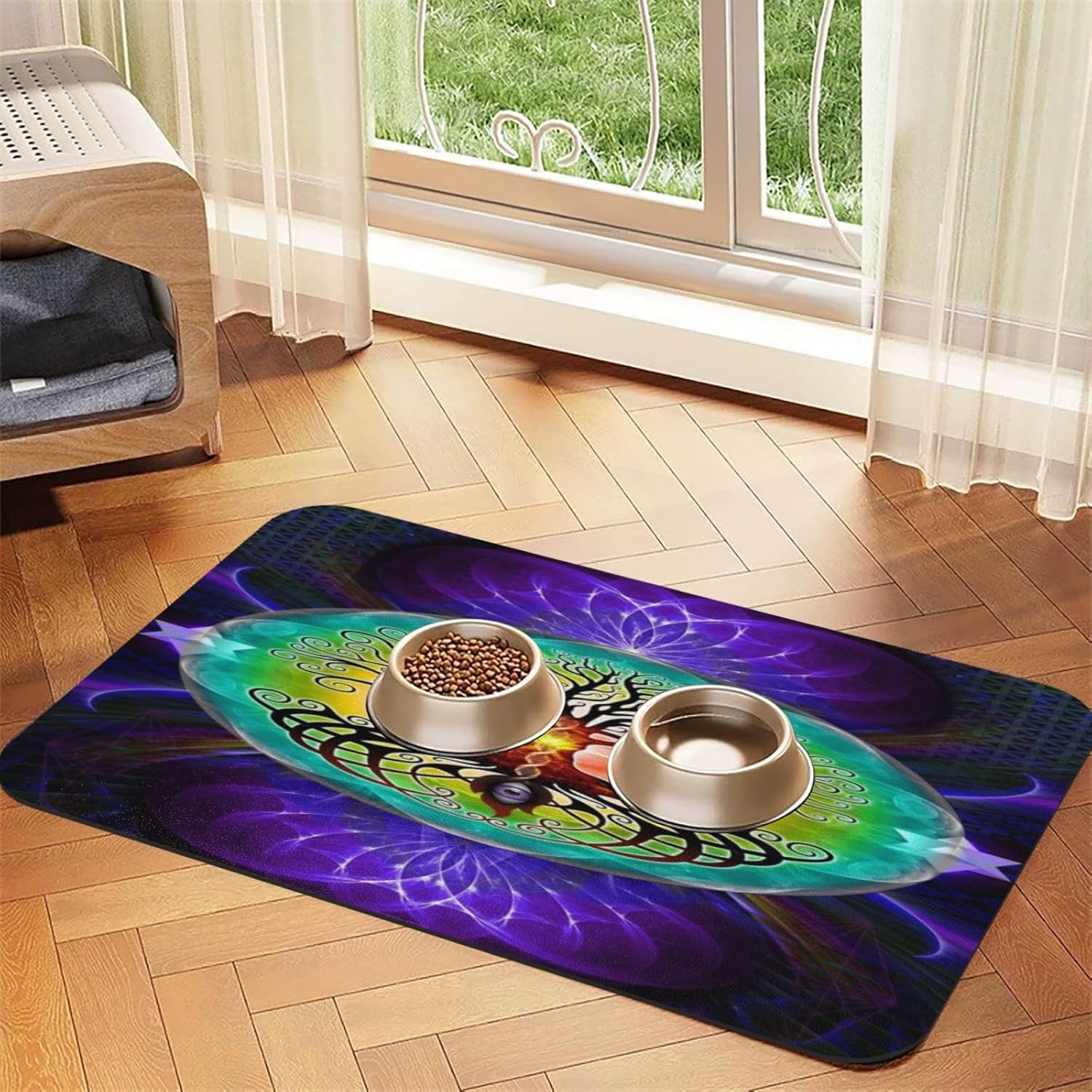 Mandala Flowers Pet Feeding Mat-Absorbent Quick Dry Pet Cat Dog Food Mat Non Slip Waterproof Rubber Dish Placemat