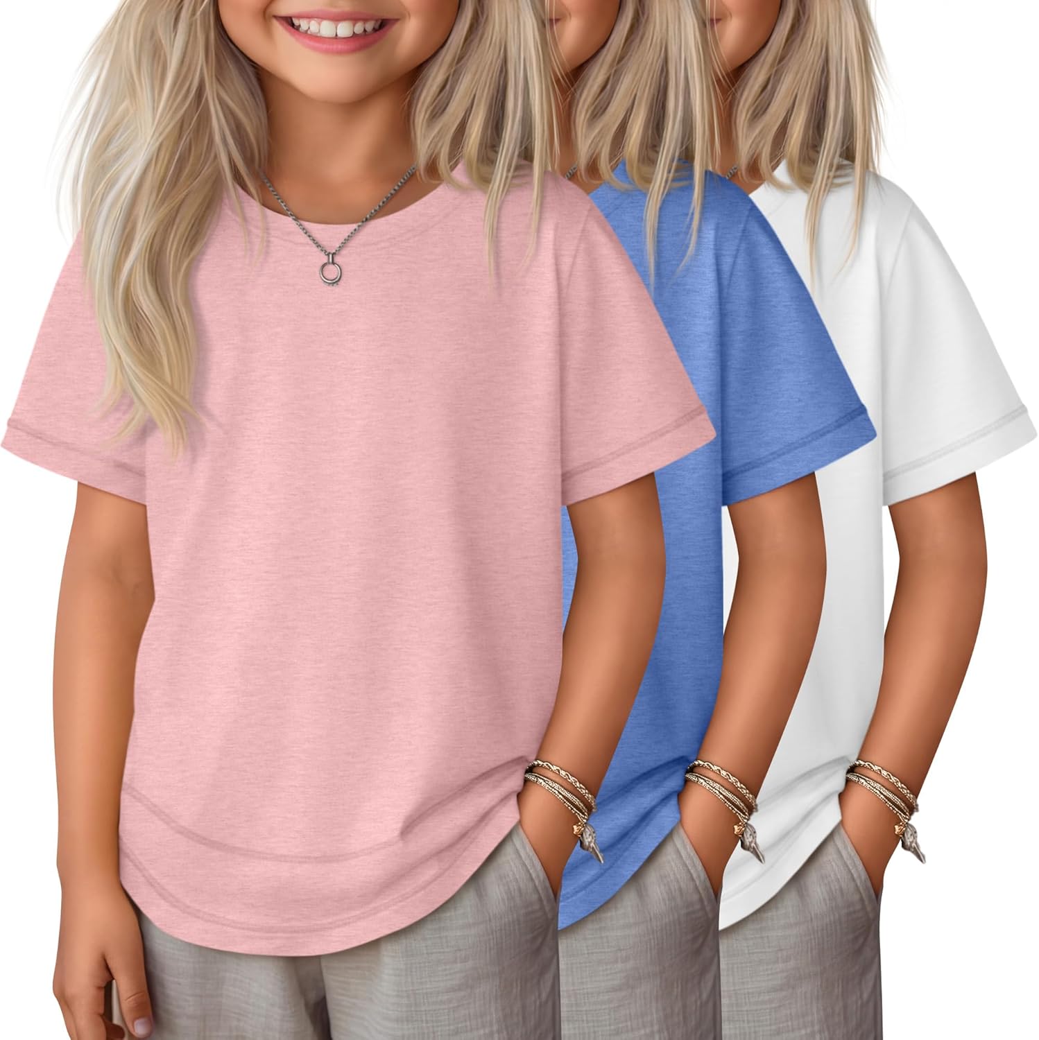 3 Pack Toddler Girls' Short Sleeve T Shirts Crew Neck Curved Hem Tunic Top for Baby Girls Loose Fit Summer Basic Tee