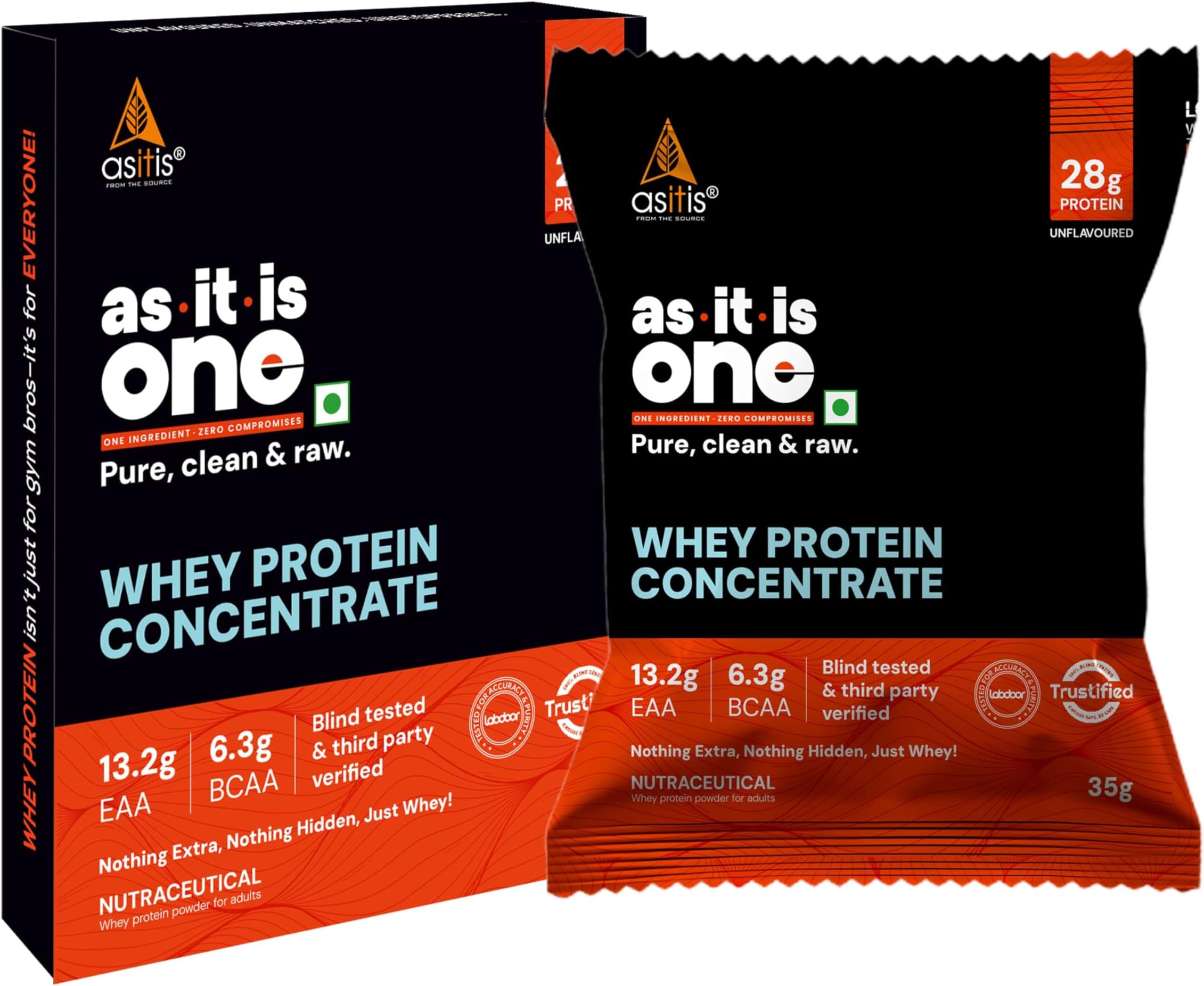 AS-IT-IS ONE Whey Protein Concentrate 80% Single Serving Sachet - 35g | Unflavoured, Labdoor Certified