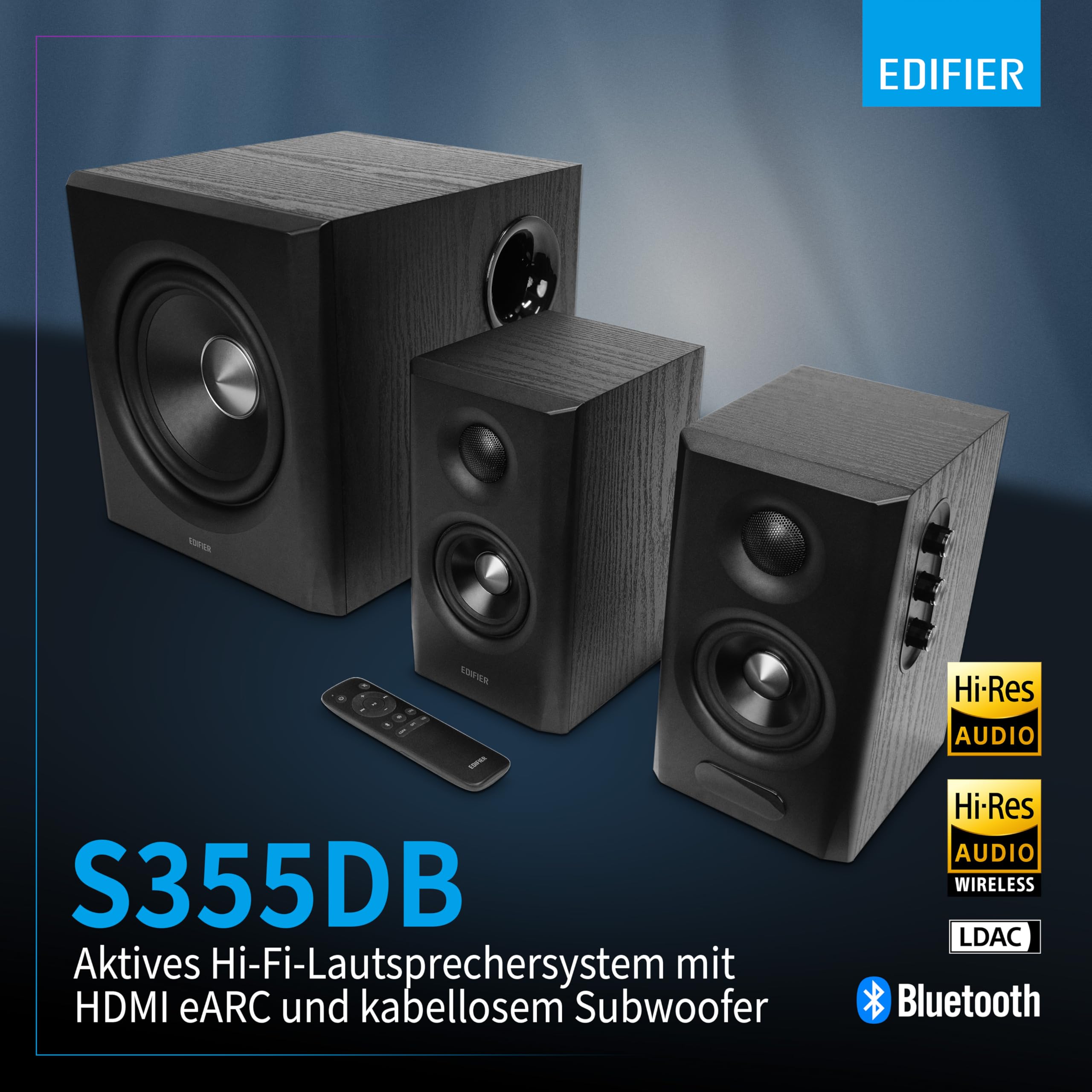 Edifier S355DB Système d'enceintes Hi?Res 2.1 ? 150 W RMS, 5,8 GHz sans fil, HDMI eARC, LDAC Bluetooth 6.0, USB?C, optique, coaxial, triple ampli DSP, design premium (noir)