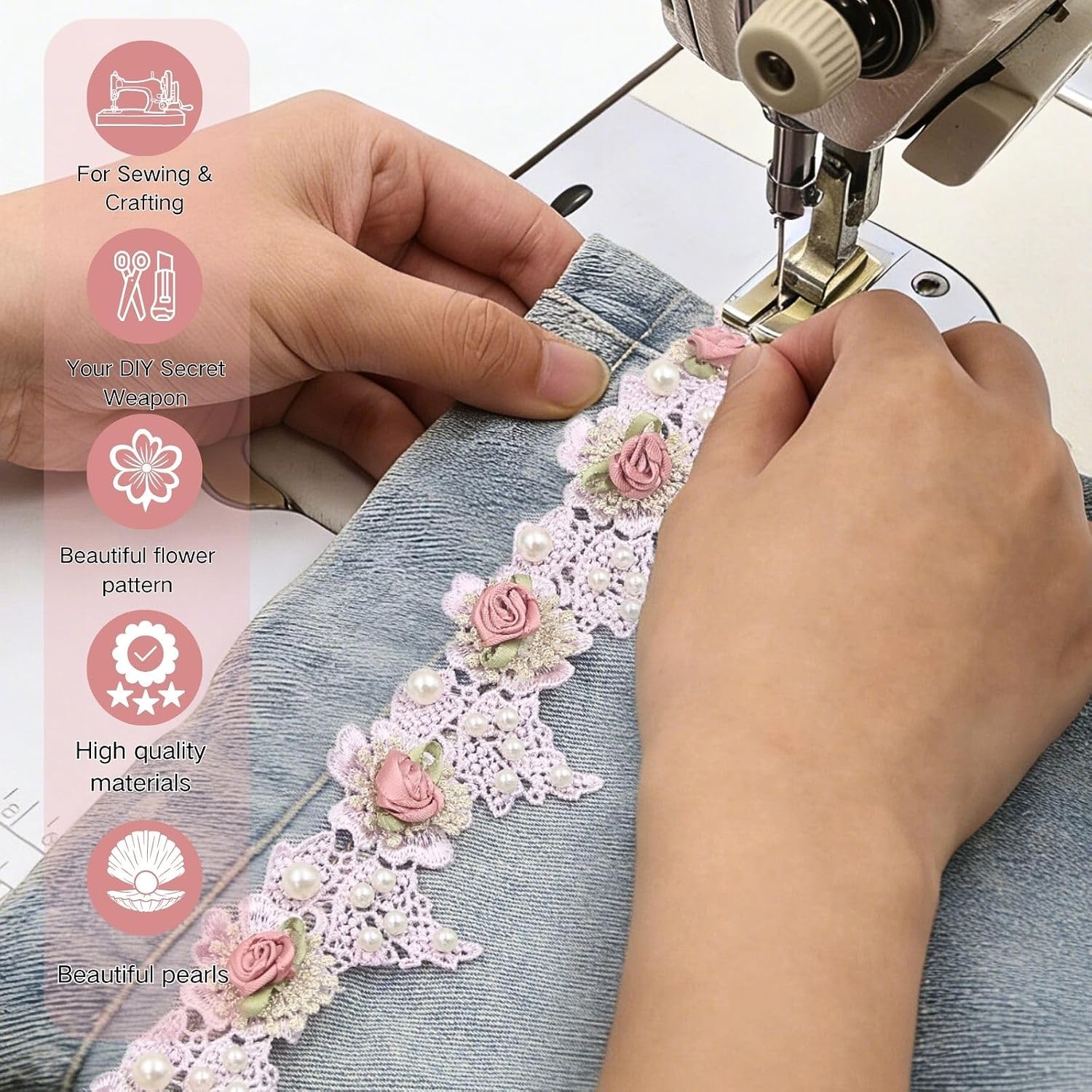 Bijou Joon 3 Yards Pink Flower Lace Trim Ribbon Pearl Rose Flowers Embroidered Lace Trim Floral DIY Edge for Sewing Beaded Encaje Vestidos Costura Decoration