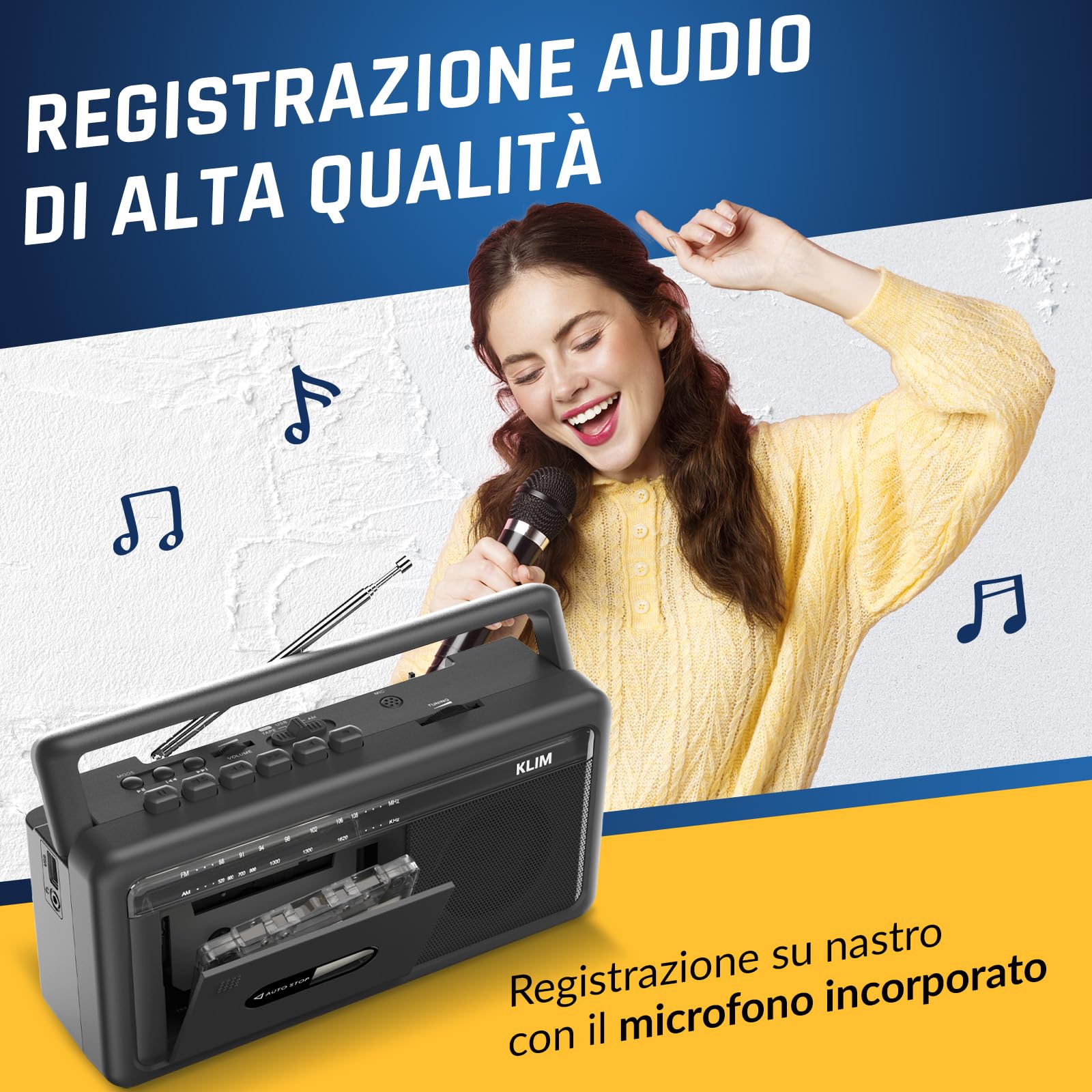 KLIM Lettore Cassette Audio Boombox Radio AM/FM Bluetooth Registratore a Cassette USB Altoparlante Portatile Retrò Nero