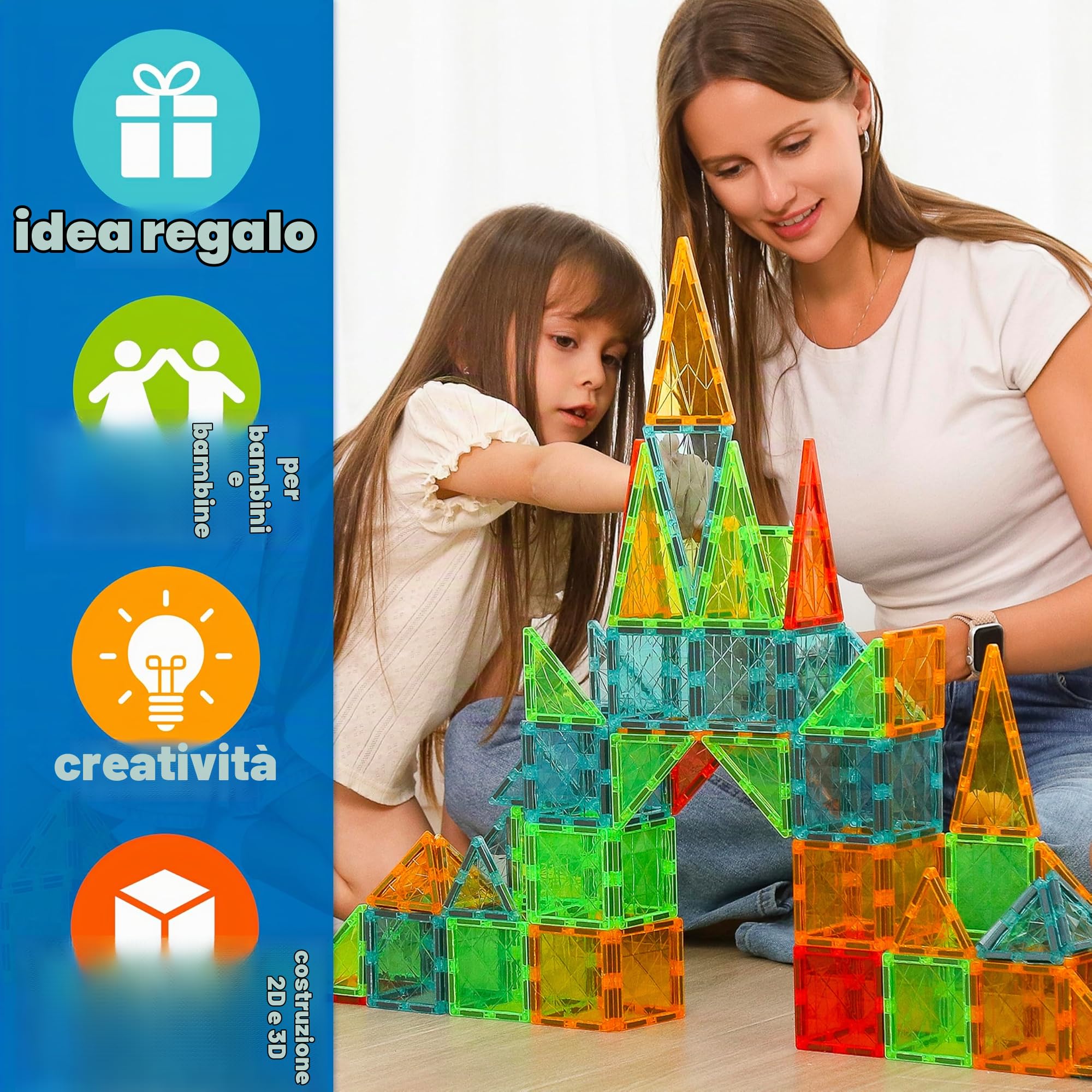 Geomag - Magnetic Tiles Gems 60 Pezzi, Costruzioni Magnetiche per Bambini, Tessere e Blocchi Magnetici 4 Forme, Giochi Bambini 3 Anni+, Giochi Montessori STEM Educativi, Idea Regalo Natale Compleanno