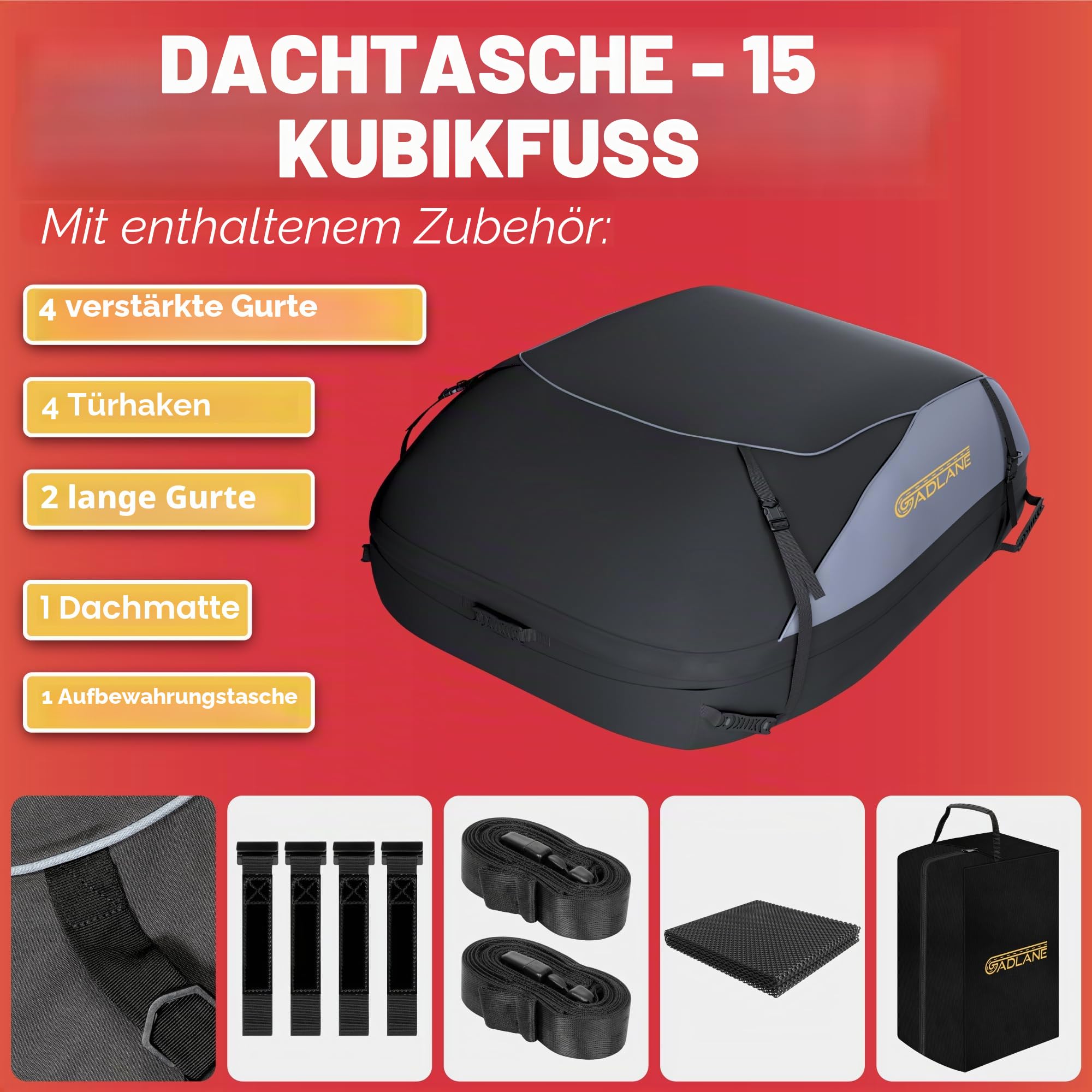 GADLANE Auto Dachtasche 400L Wasserdicht Dachbox für Autos & SUV mit oder ohne Dachträger mit 4 stabilen Gurten Anti-Rutsch-Matte Aufbewahrungstasche (Grau/Schwarz)