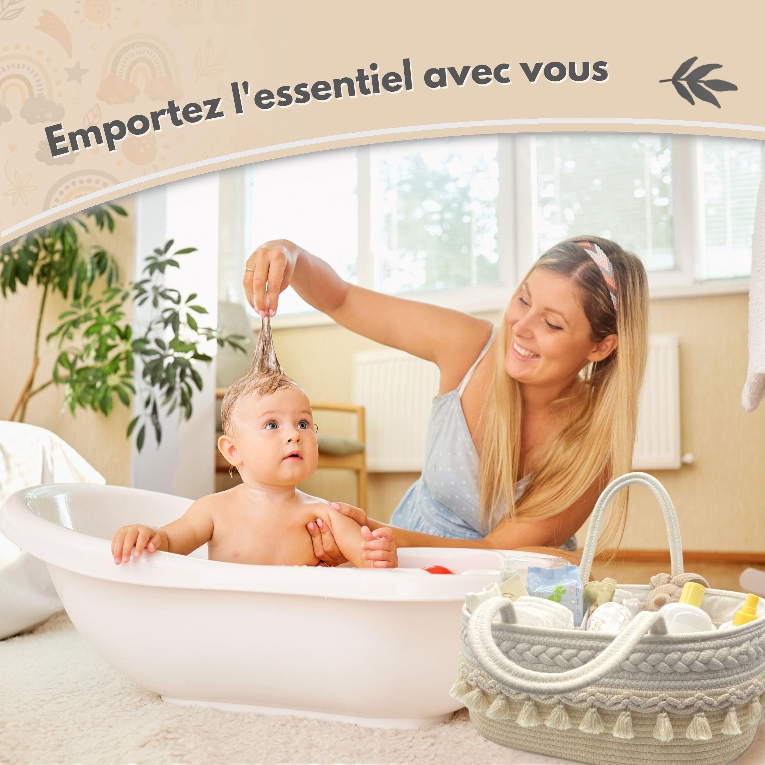 MillyBeas Organisateur de Couches Bébé, Grand Panier en Corde de Coton pour le Rangement des Couches, Diviseurs Modulables, Cadeaux pour nouveau-né