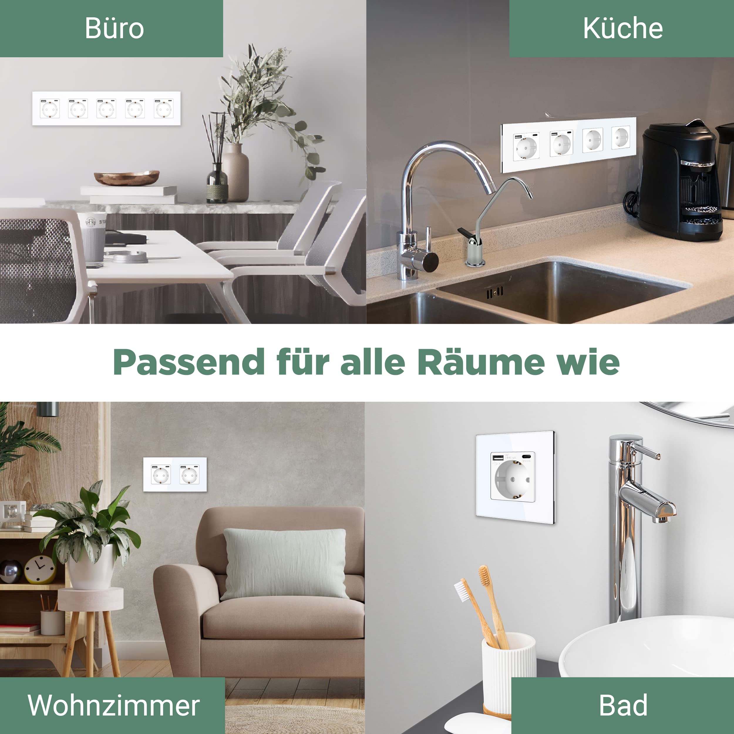 PULSAR Steckdose Unterputz mit USB-C, A 4-Fach Weiß Glas - Dose mit 20W Schnellladegerät 16A mit Kindersicherung 299x86mm