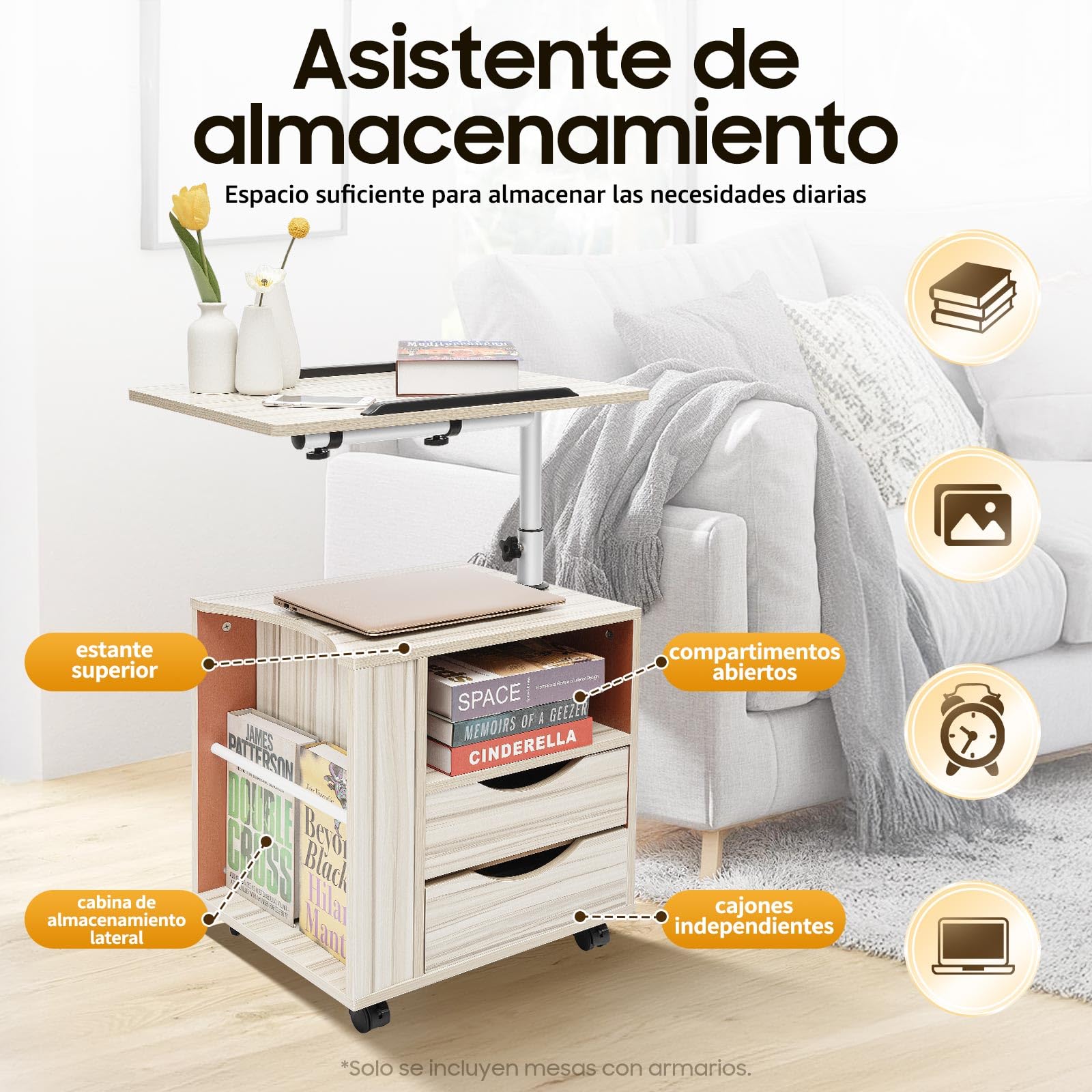 Comodino con altezza regolabile, 50 x 40 x 70-90 cm, comodino con cassetti e ripiani aperti, tavolino mobile con ruote, per camera da letto, soggiorno