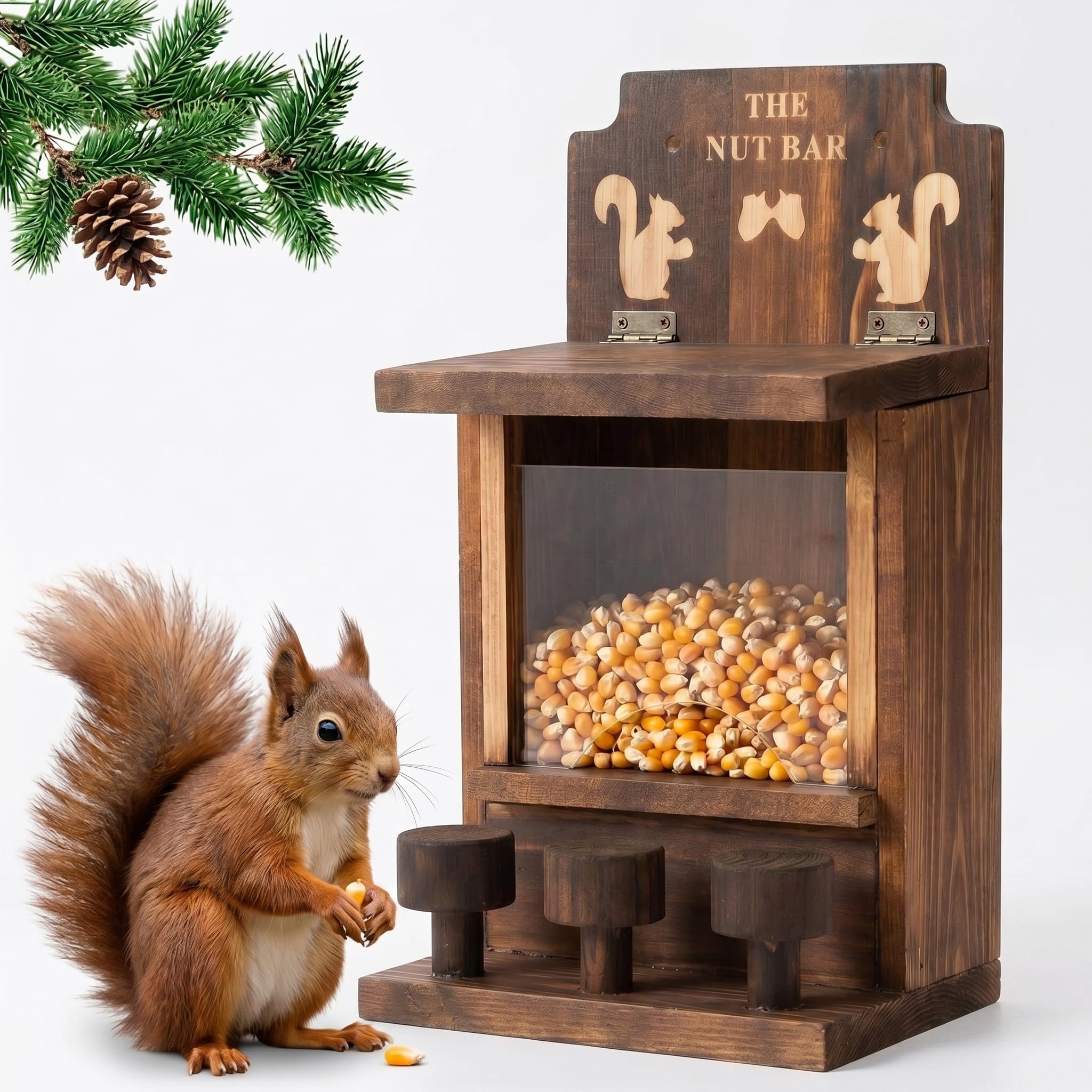 Wooden Squirrel Feeder, Squirrel Food House with 3 Stools and Clear Window Feeding Station for Squirrels Chipmunks Cute Nut Bar for Garden Backyard