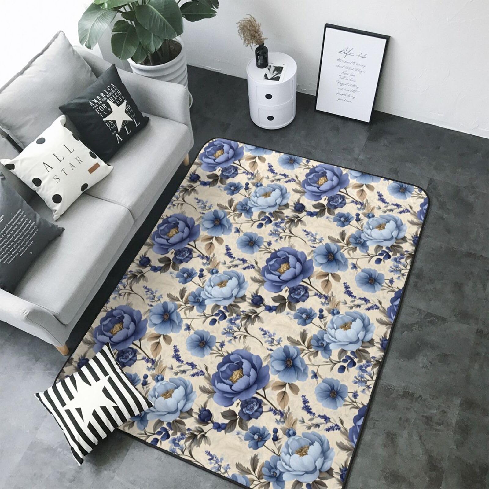 Tapis lavable et antidérapant grand format floral bleu pour salon