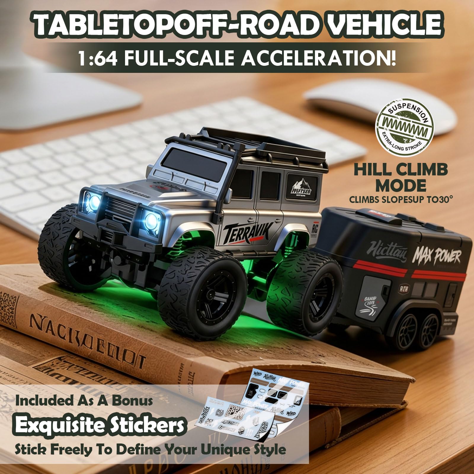 RC Fuoristrada Drift Car 1:64 Mini Crawler con rimorchio Tabletop RC Off-Road Car, auto telecomandata 2.4G con luci a LED, giocattolo da corsa per adulti e bambini
