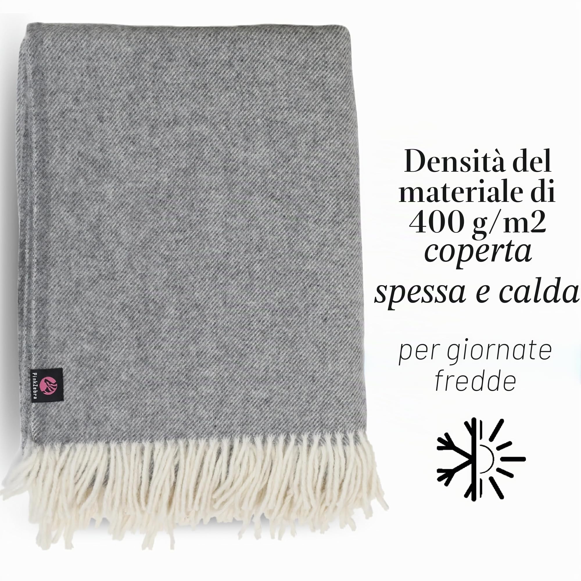 PinkZebra Caldissima coperta di lana spessa 400 g/m² in 100% pura lana merino naturale della Nuova Zelanda, coperta coccolosa, copriletto 160 x 200 cm, da soggiorno, da divano, con frange, grigio