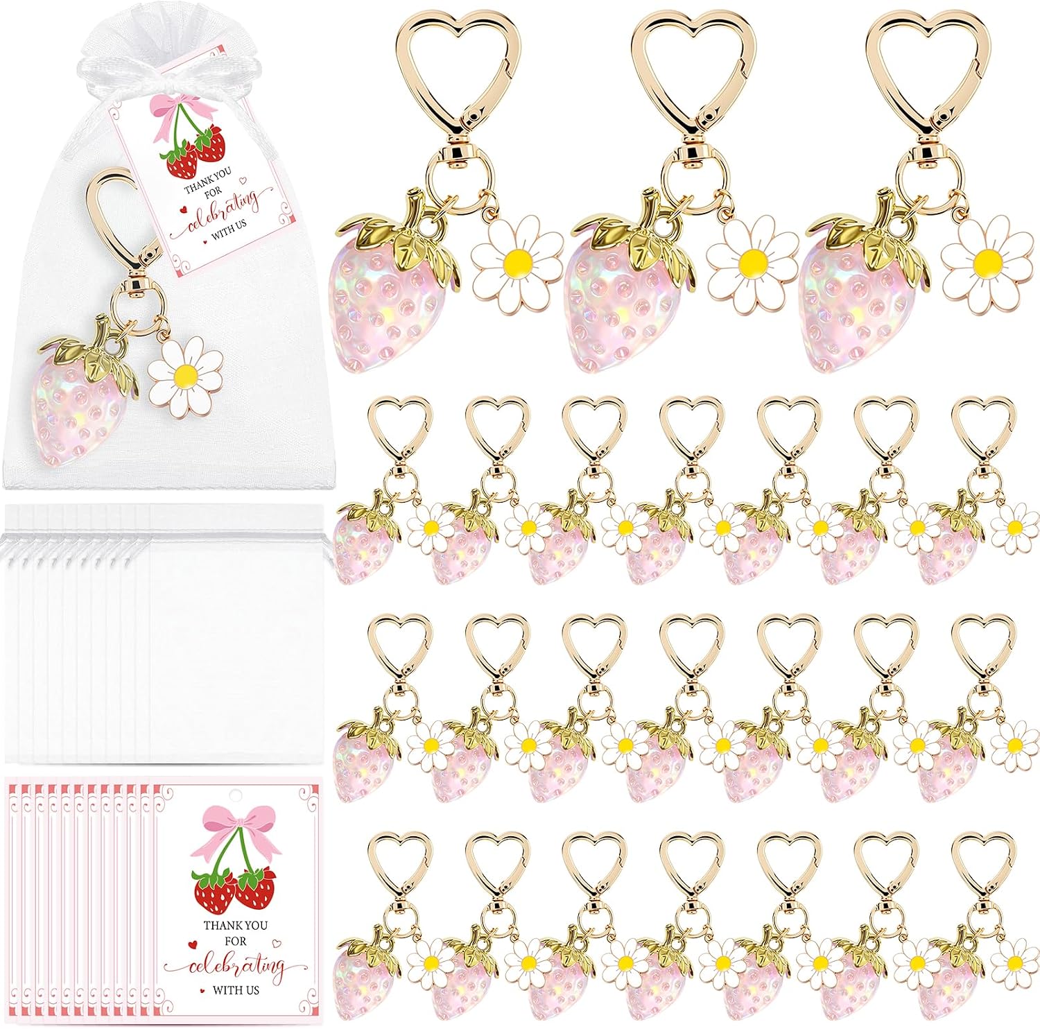 VAIPI 24 Set Strawberry Keychain Party Favors Cute Strawberry Keyring Charms with Thank You Cards for Baby Shower Wedding